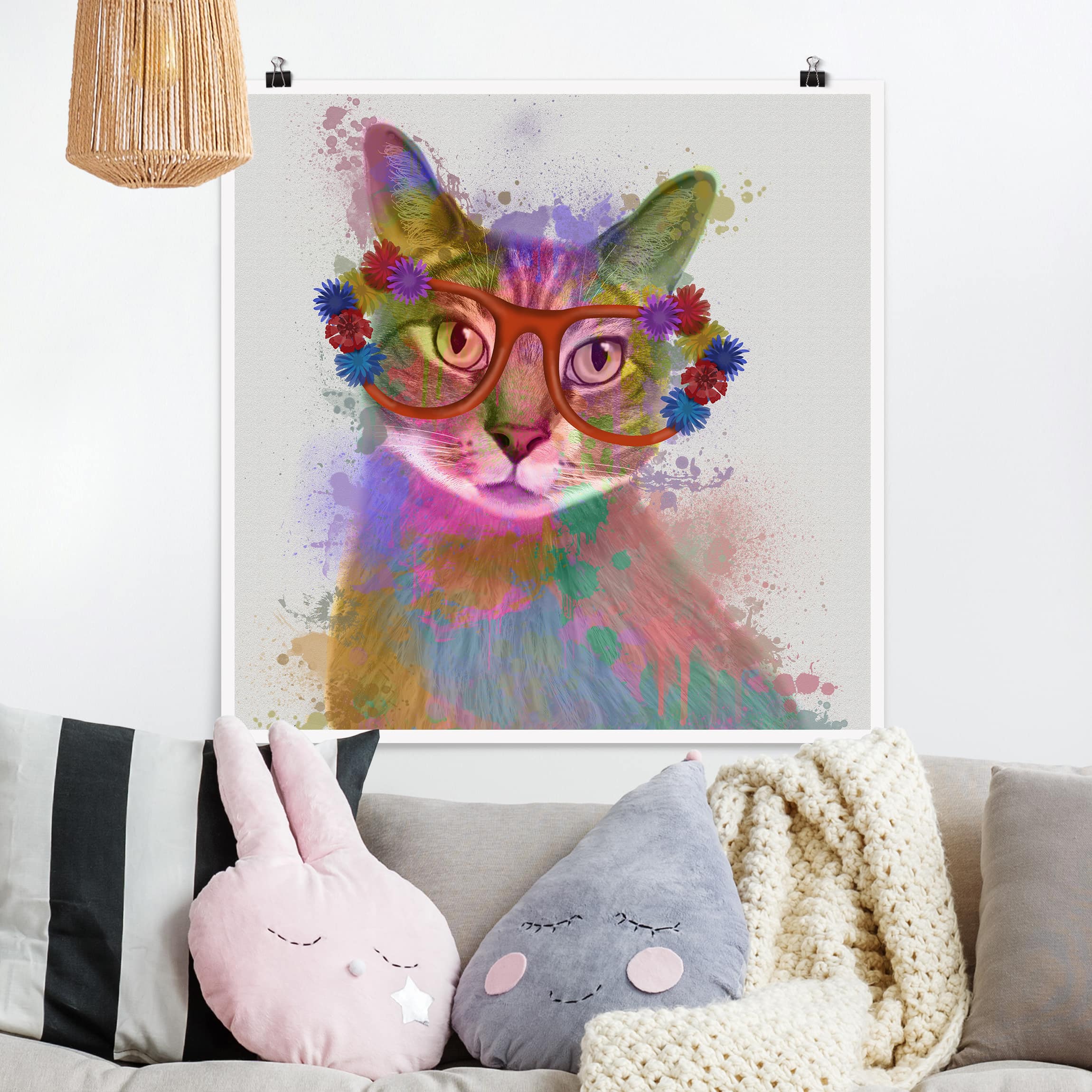 Poster - Quadrat Regenbogen Splash Katze