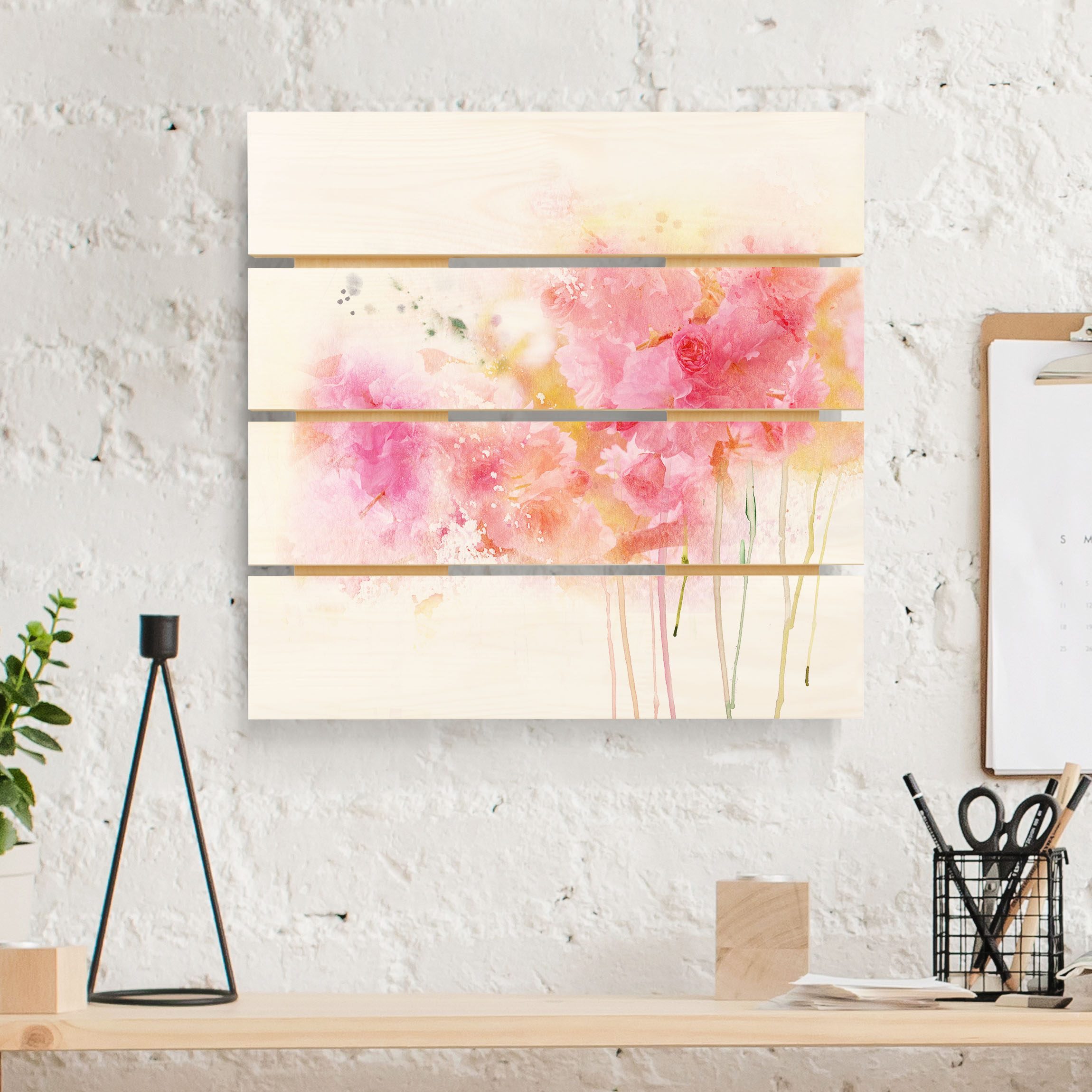 Holzbild Plankenoptik Aquarell Blumen Pfingstrosen