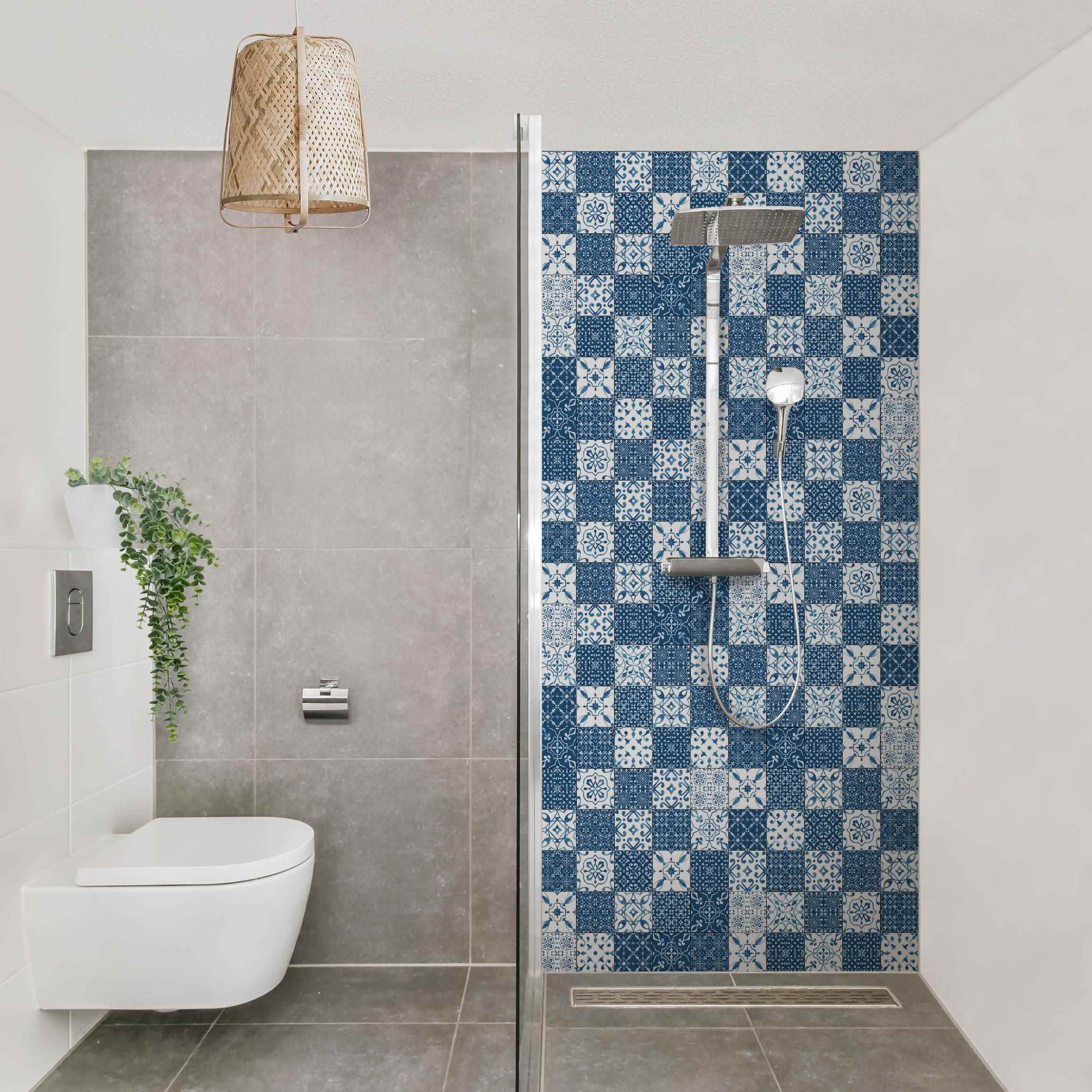 Duschrückwand Fliesen Mustermix Blau Weiß