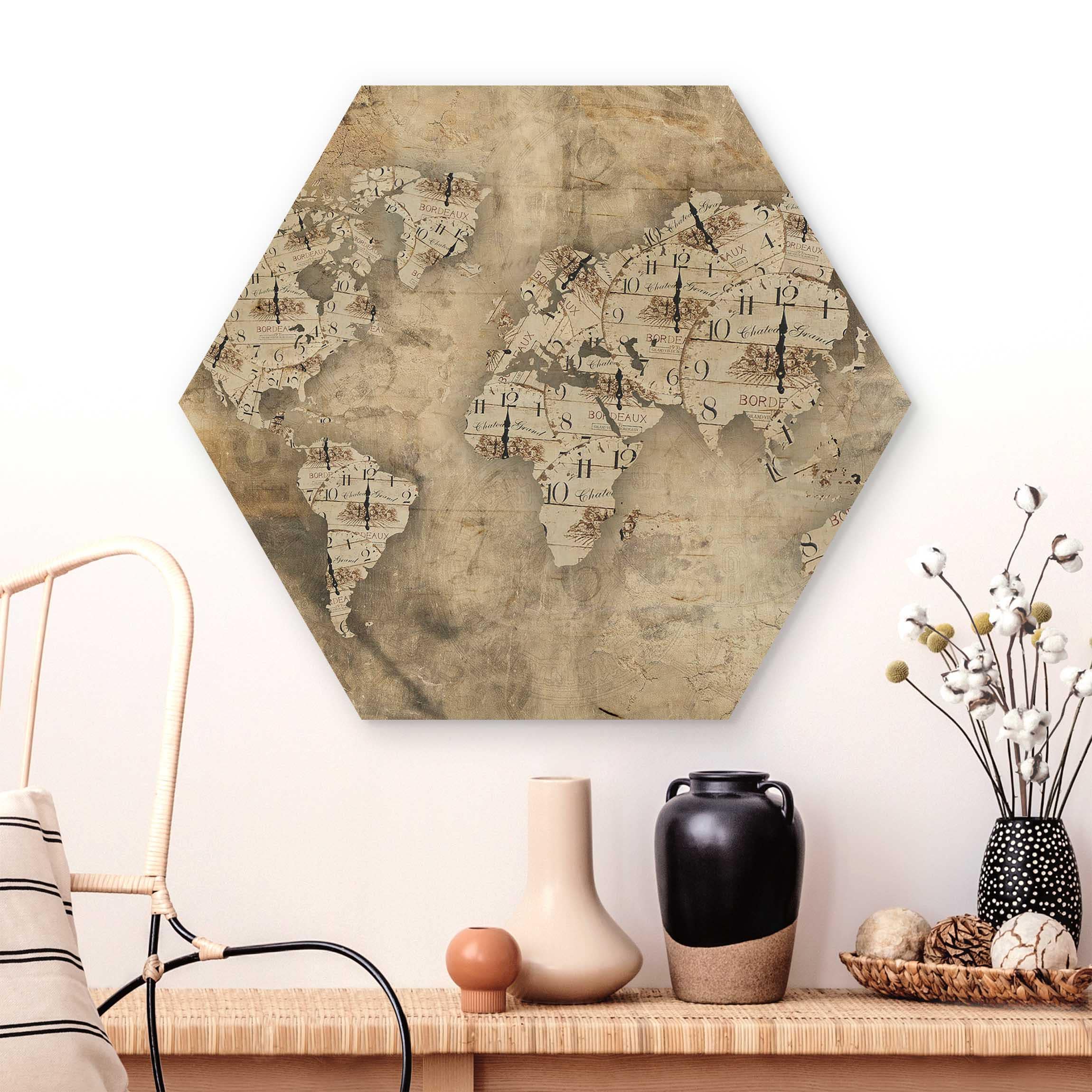 Hexagon-Holzbild Shabby Uhren Weltkarte