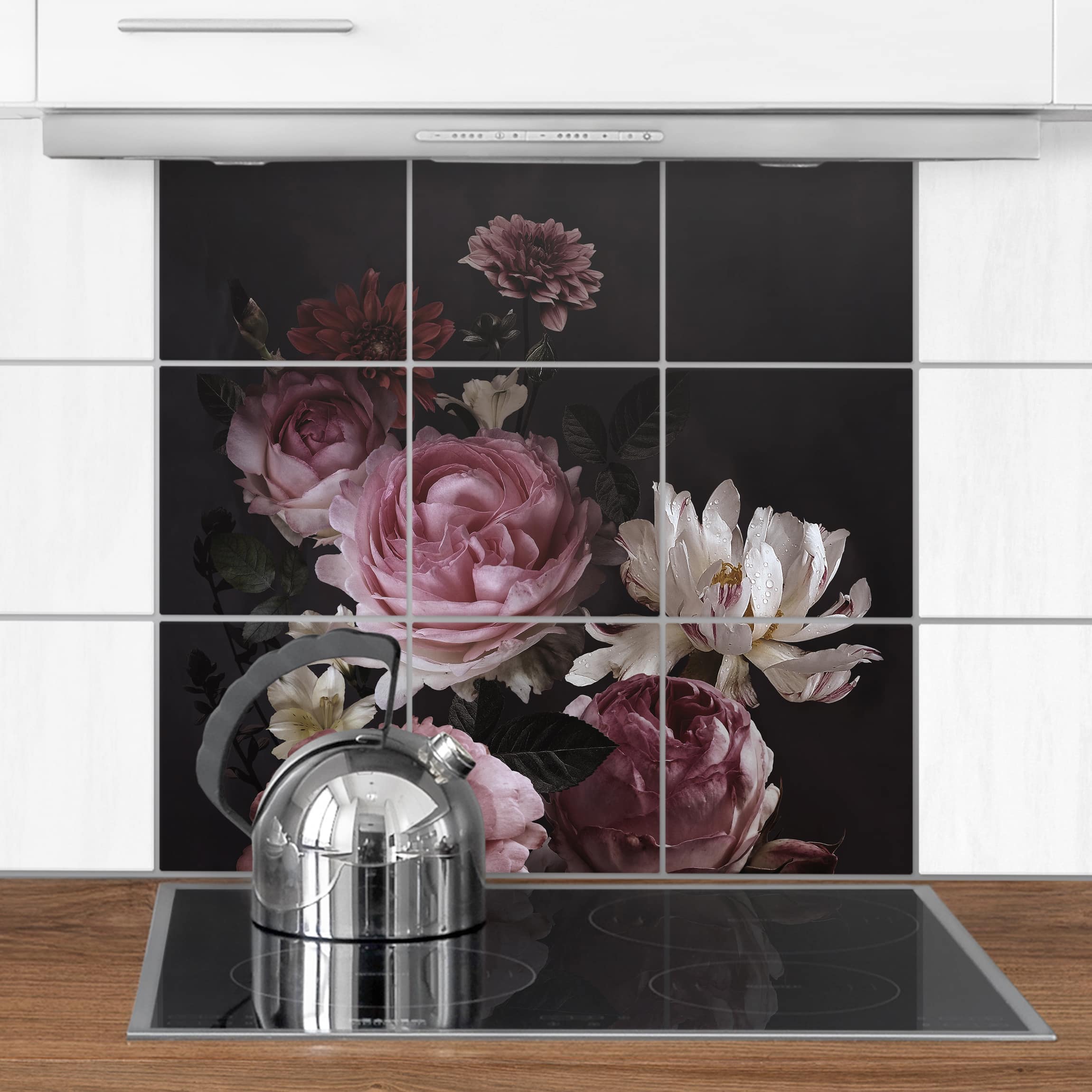 Fliesenbild - Quadrat Rosa Blumen auf Schwarz