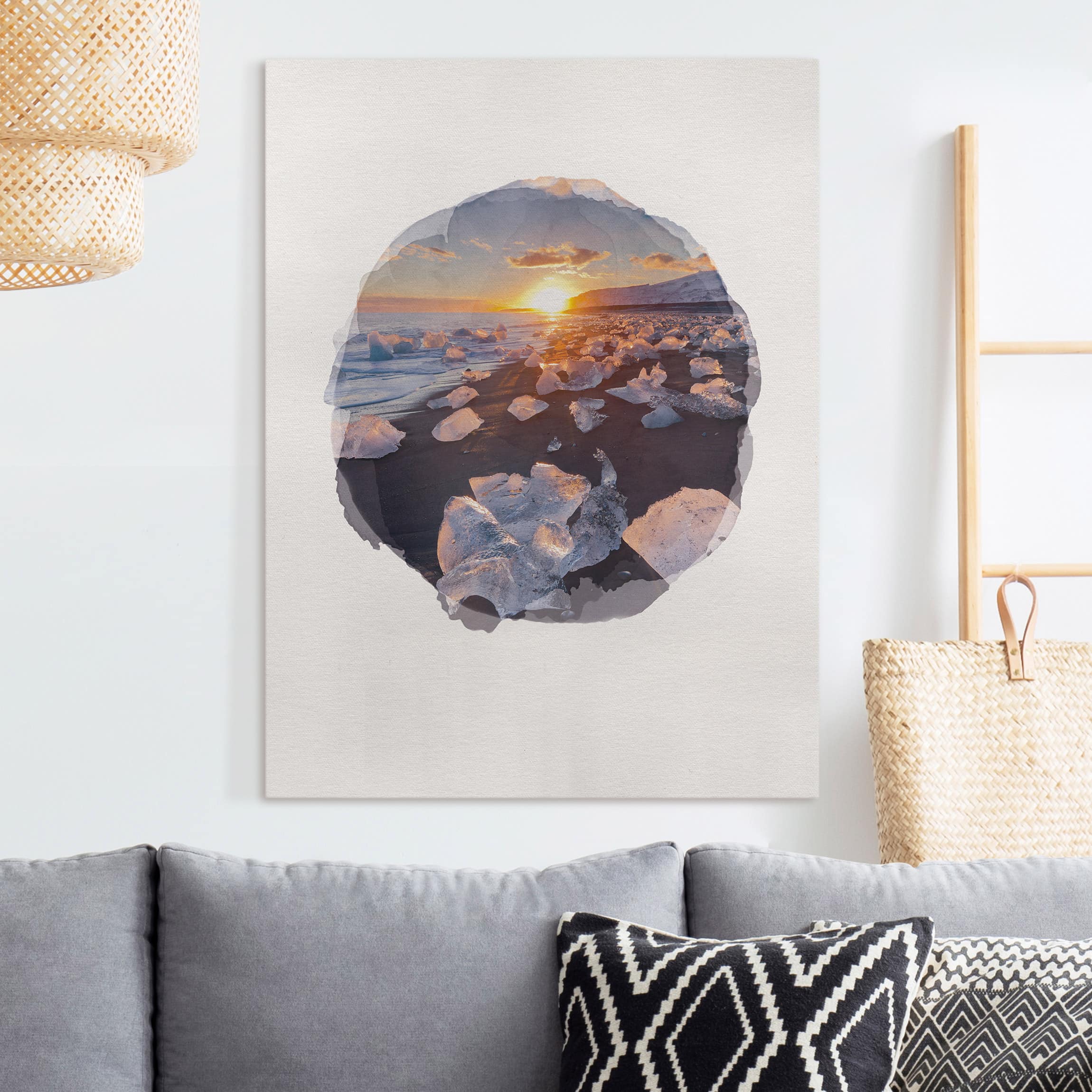 Leinwandbild - Hochformat Wasserfarben - Eisbrocken am Strand Island
