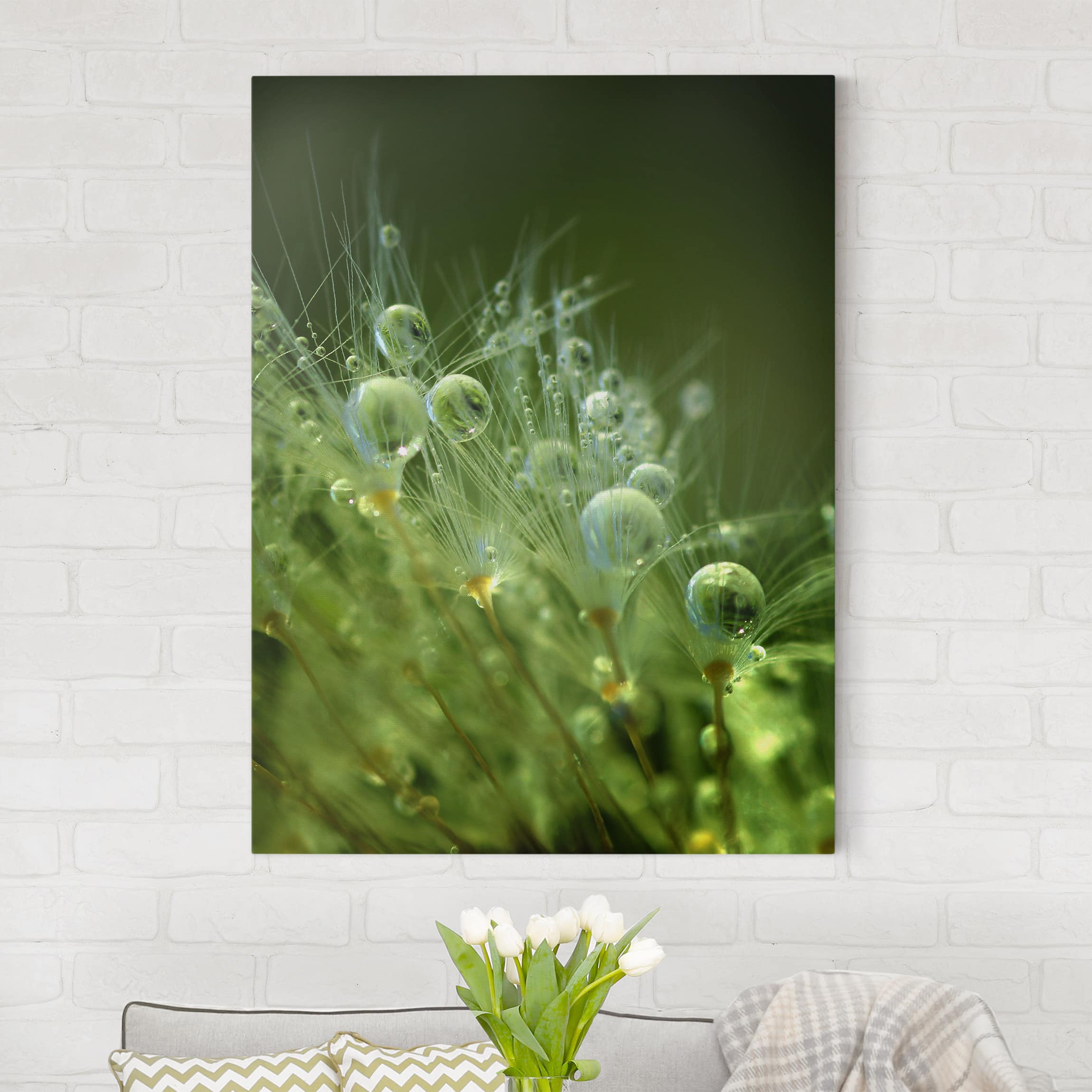 Leinwandbild - Hochformat Grüne Samen im Regen