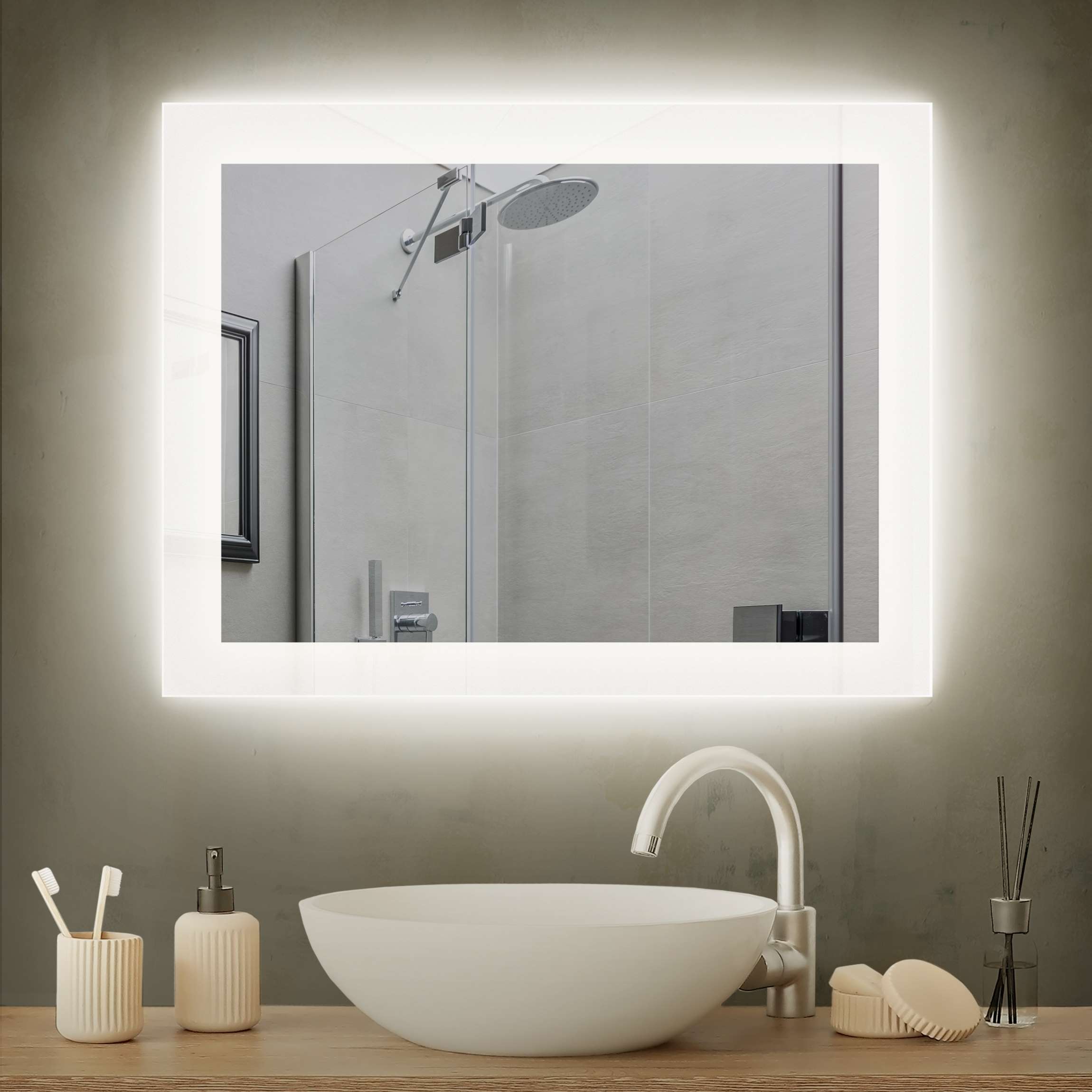 LED-Spiegel Badspiegel mit Beleuchtung eckig mit 5 cm Sandstrahlrand