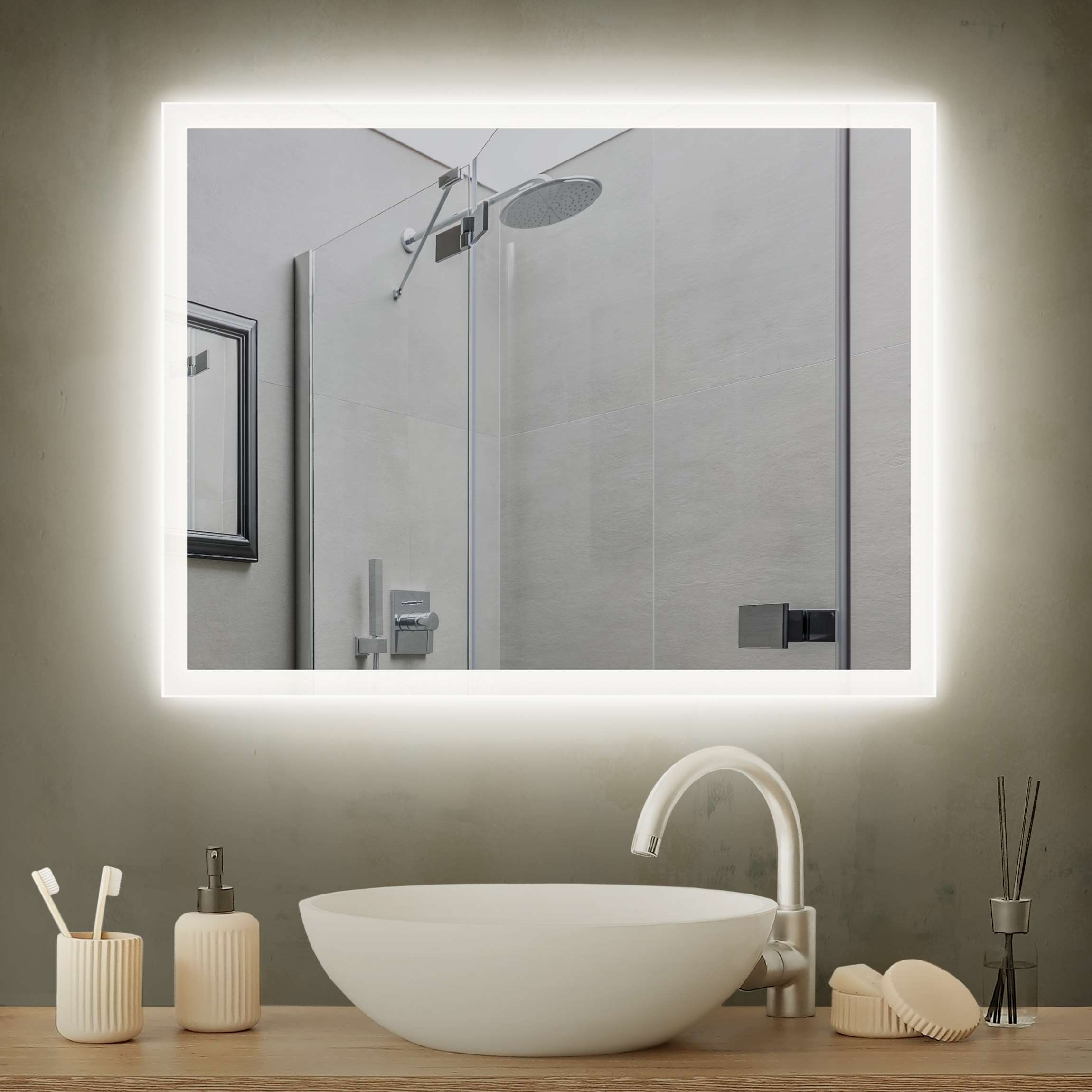 LED-Spiegel Badspiegel mit Beleuchtung eckig mit 2 cm Sandstrahlrand