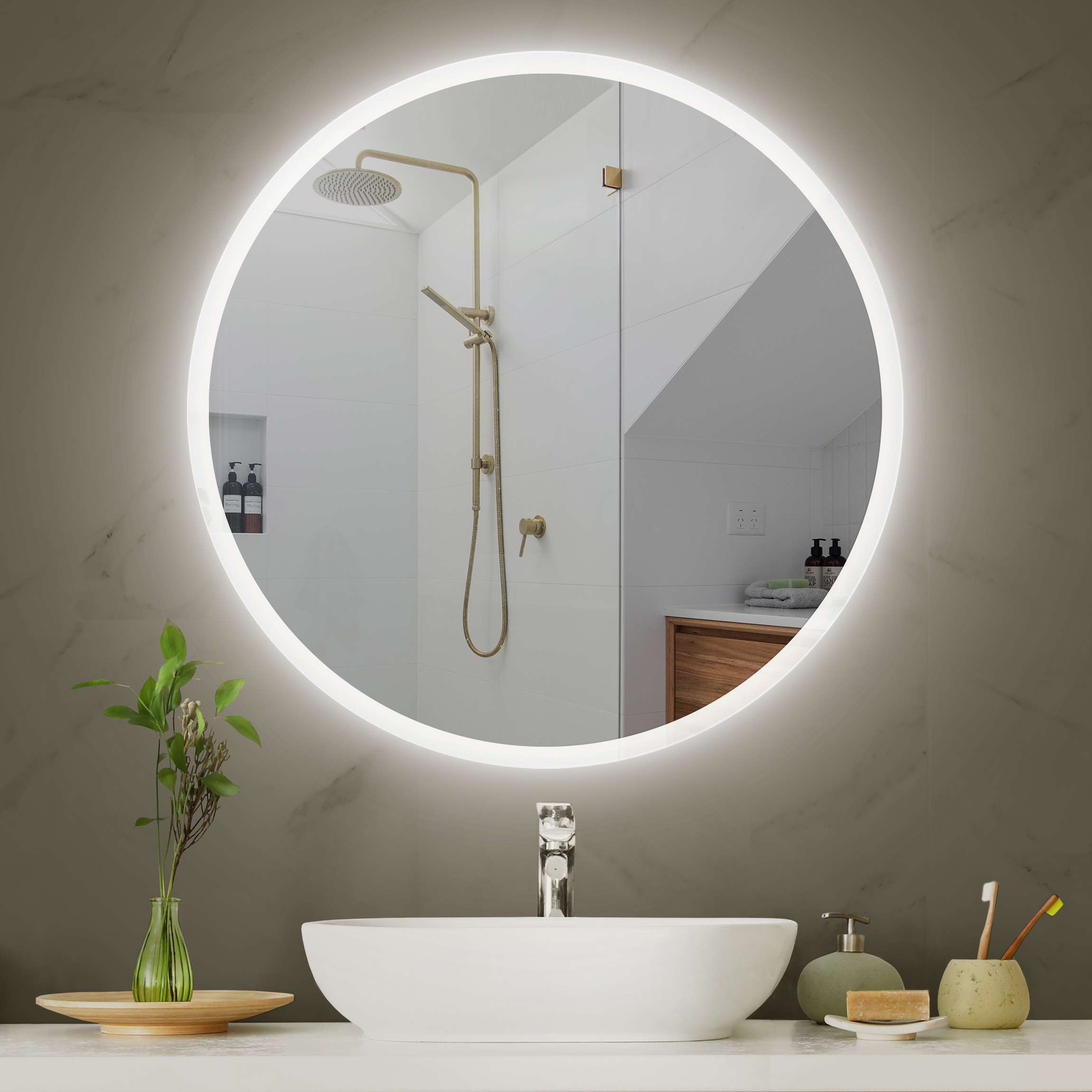 LED-Spiegel Badspiegel mit Beleuchtung rund mit 2 cm Sandstrahlrand