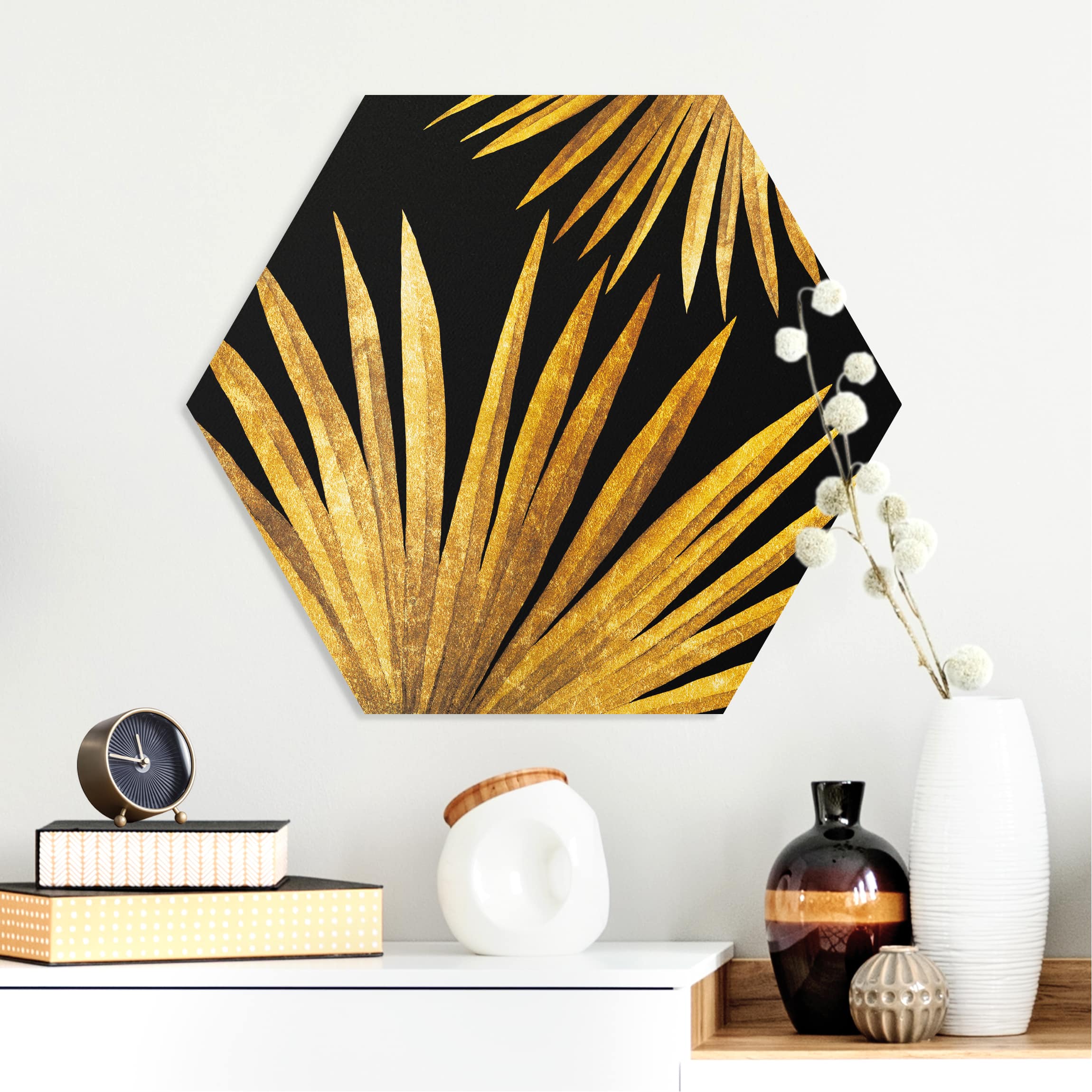 Hexagon-Forexbild Gold - Palmenblatt auf Schwarz