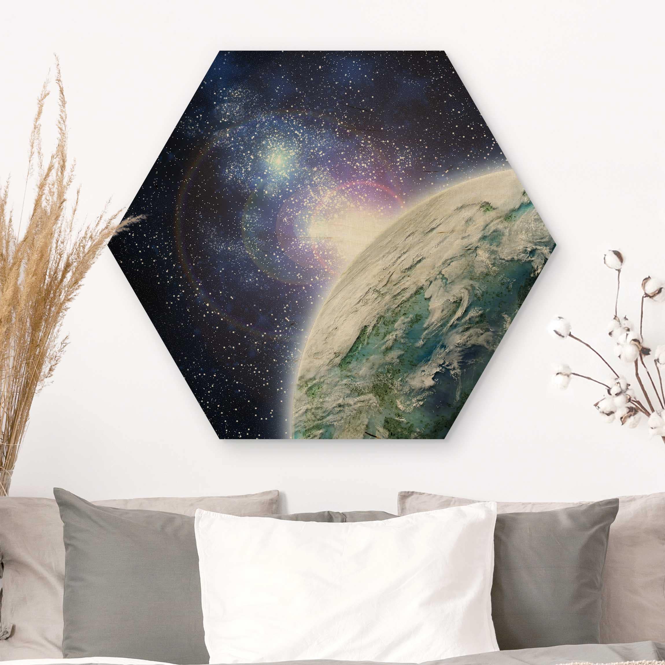 Hexagon-Holzbild Galaxy Light