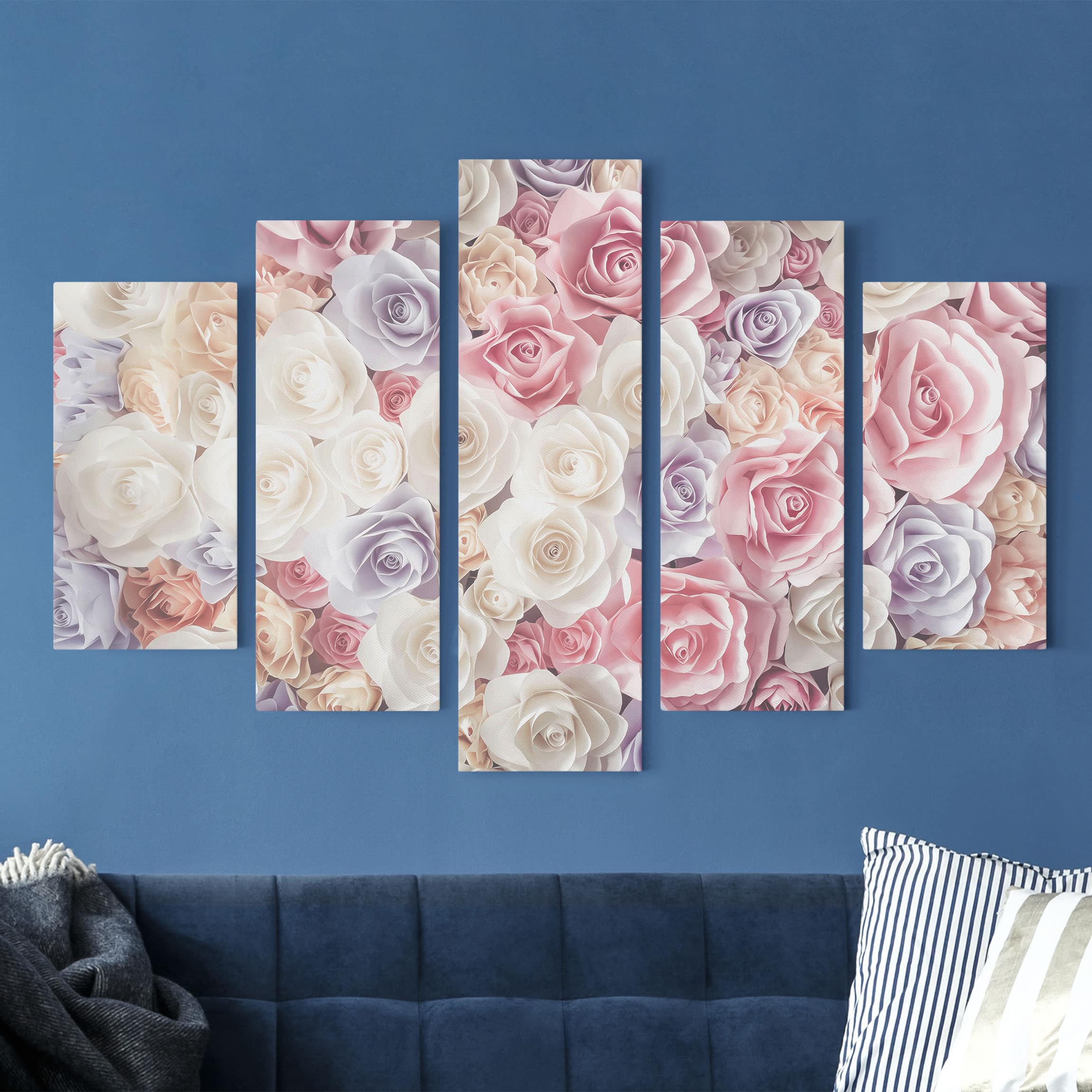 5-teiliges Leinwandbild - Querformat Pastell Paper Art Rosen