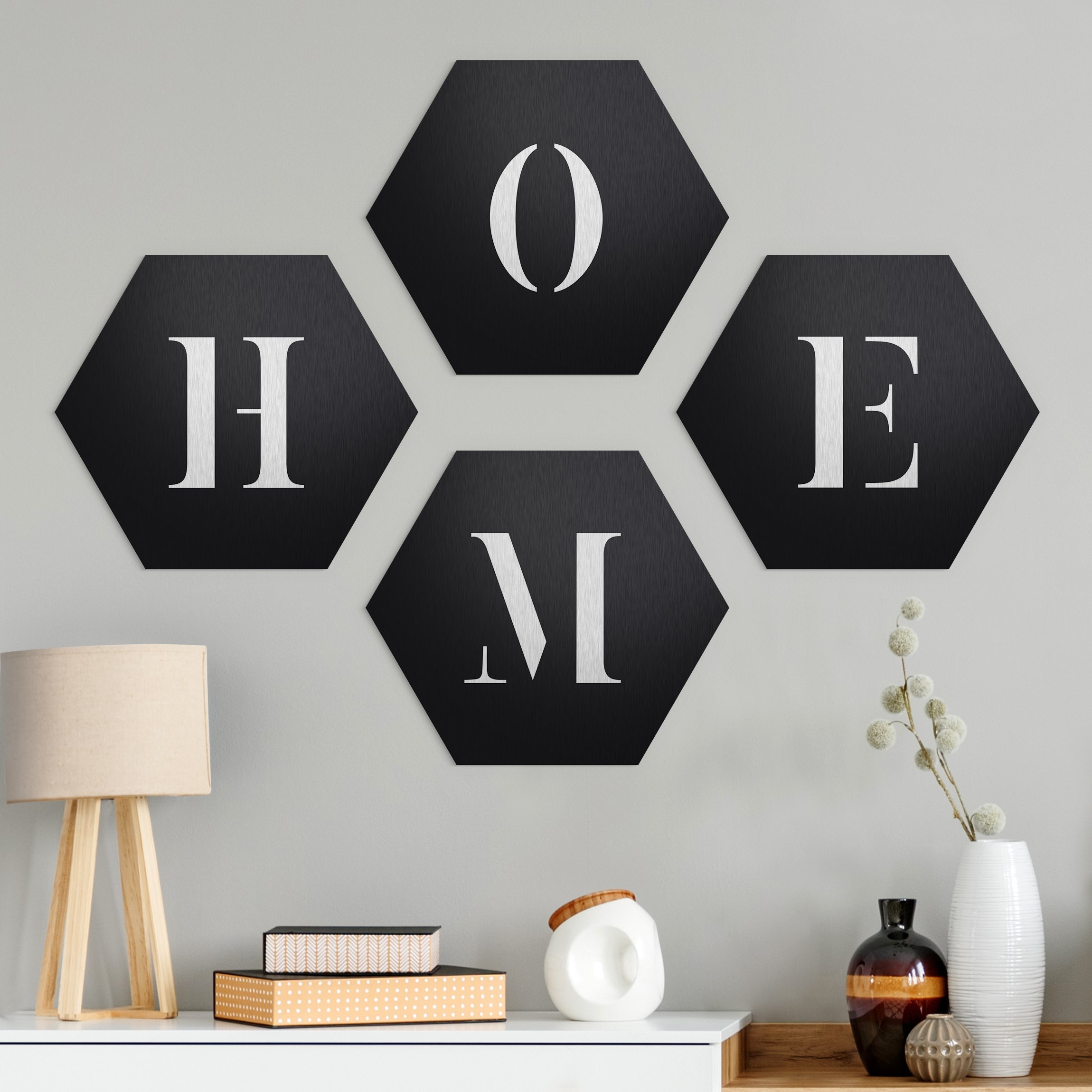 4-teiliges Hexagon-Alu-Dibond Bild Buchstaben HOME Weiß Set II
