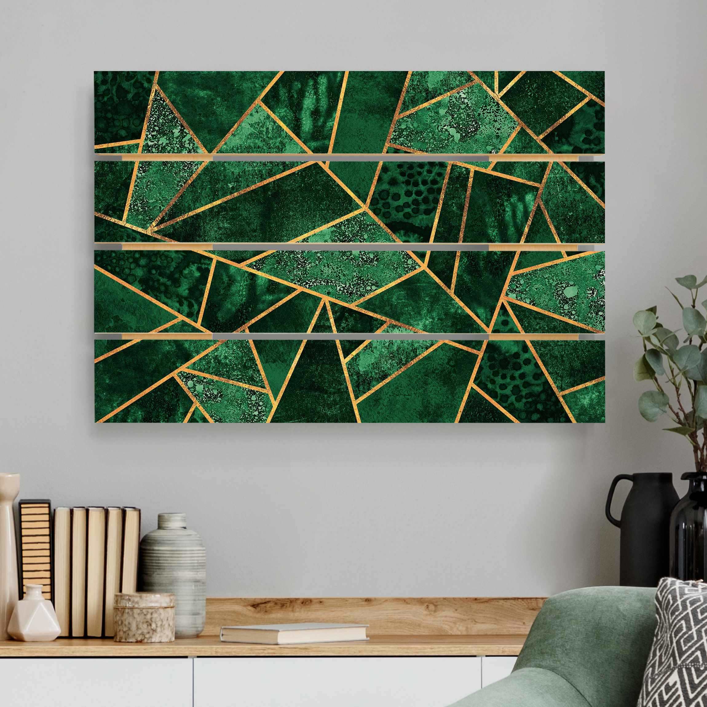 Holzbild Plankenoptik - Querformat Dunkler Smaragd mit Gold