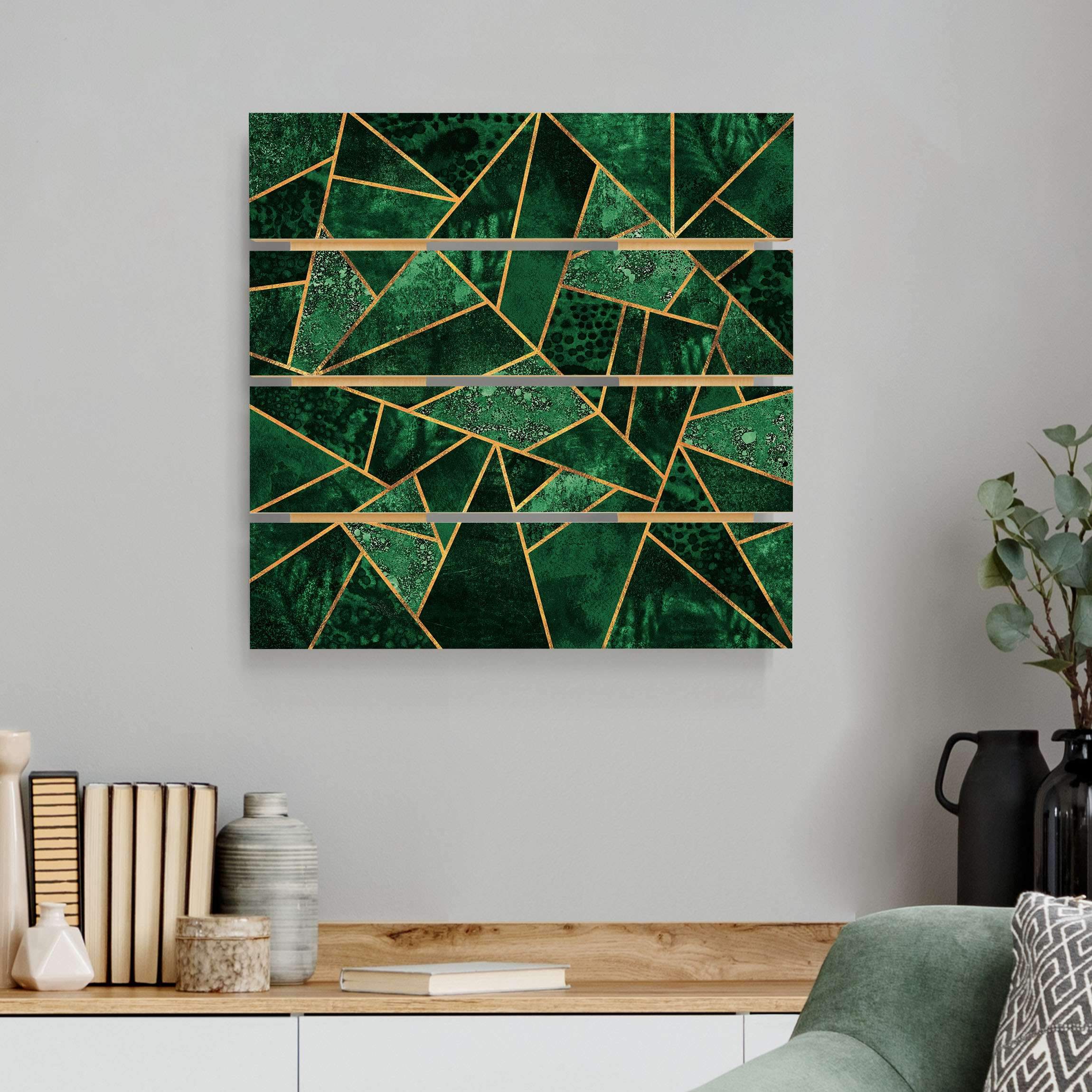 Holzbild Plankenoptik - Quadrat Dunkler Smaragd mit Gold