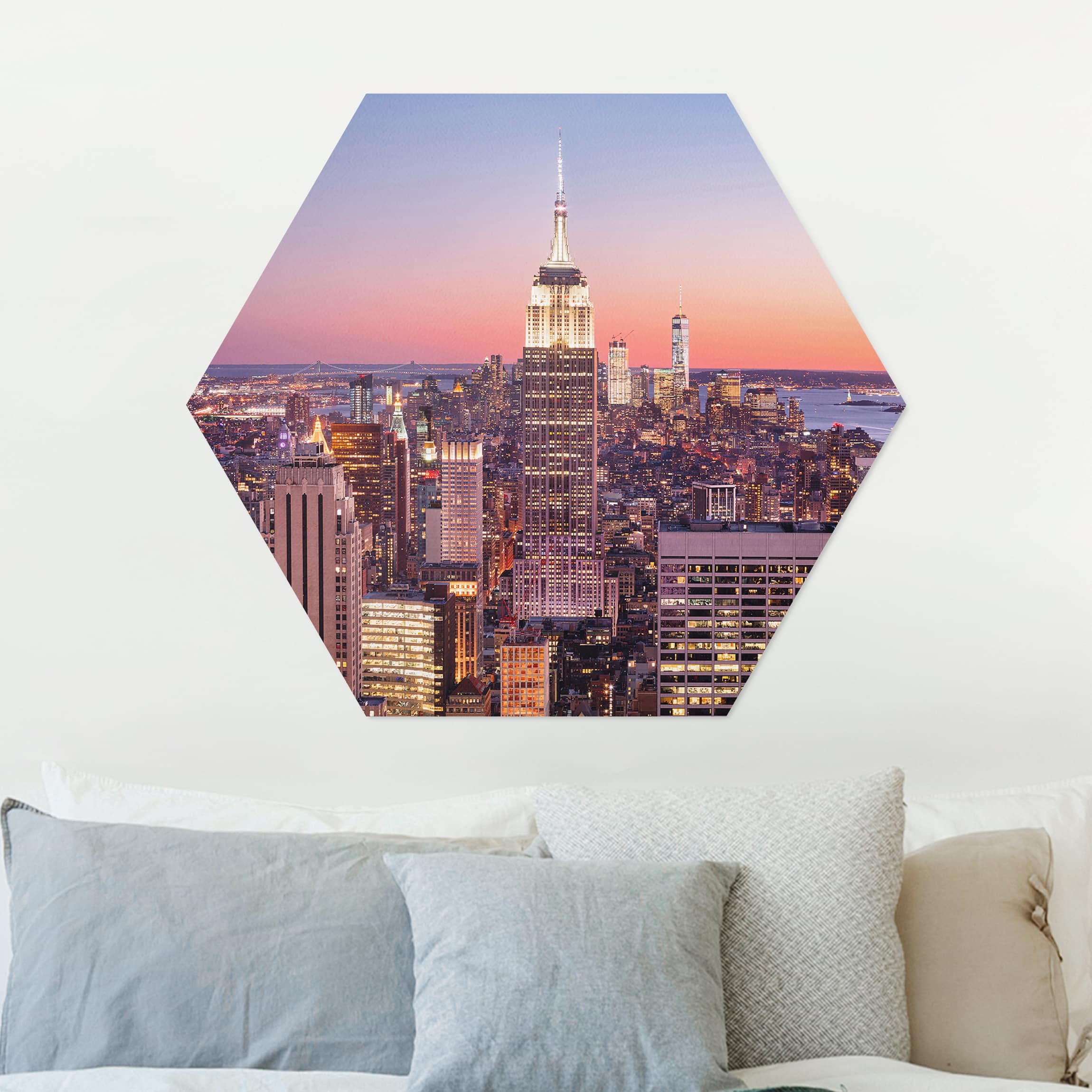 Hexagon-Alu-Dibond Bild Sonnenuntergang Manhattan New York City