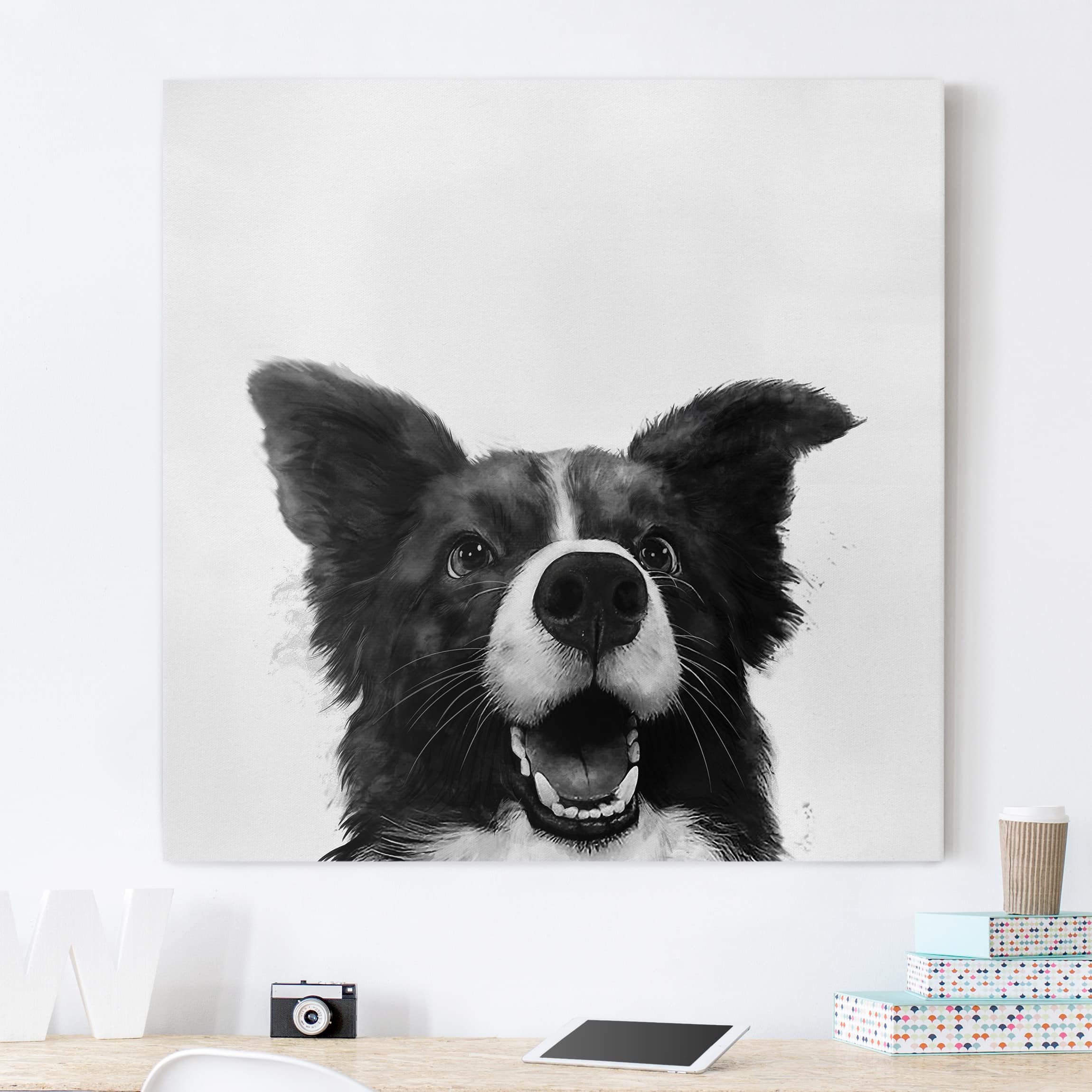 Leinwandbild - Quadrat Illustration Hund Border Collie Schwarz Weiß Malerei