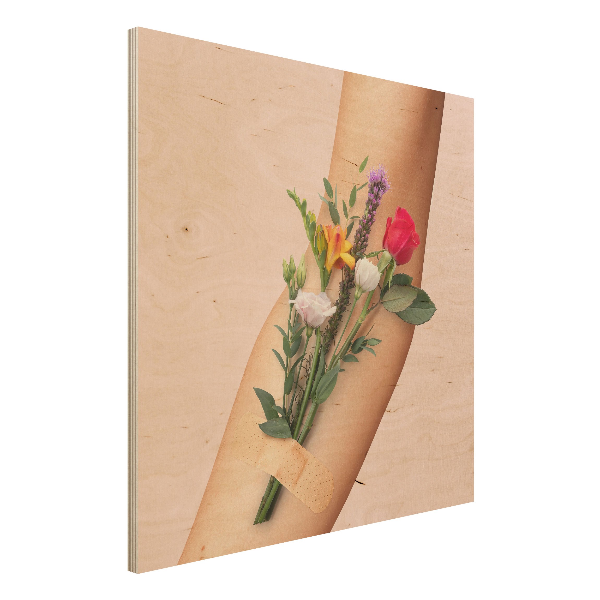 Holzbild - Quadrat Arm mit Blumen