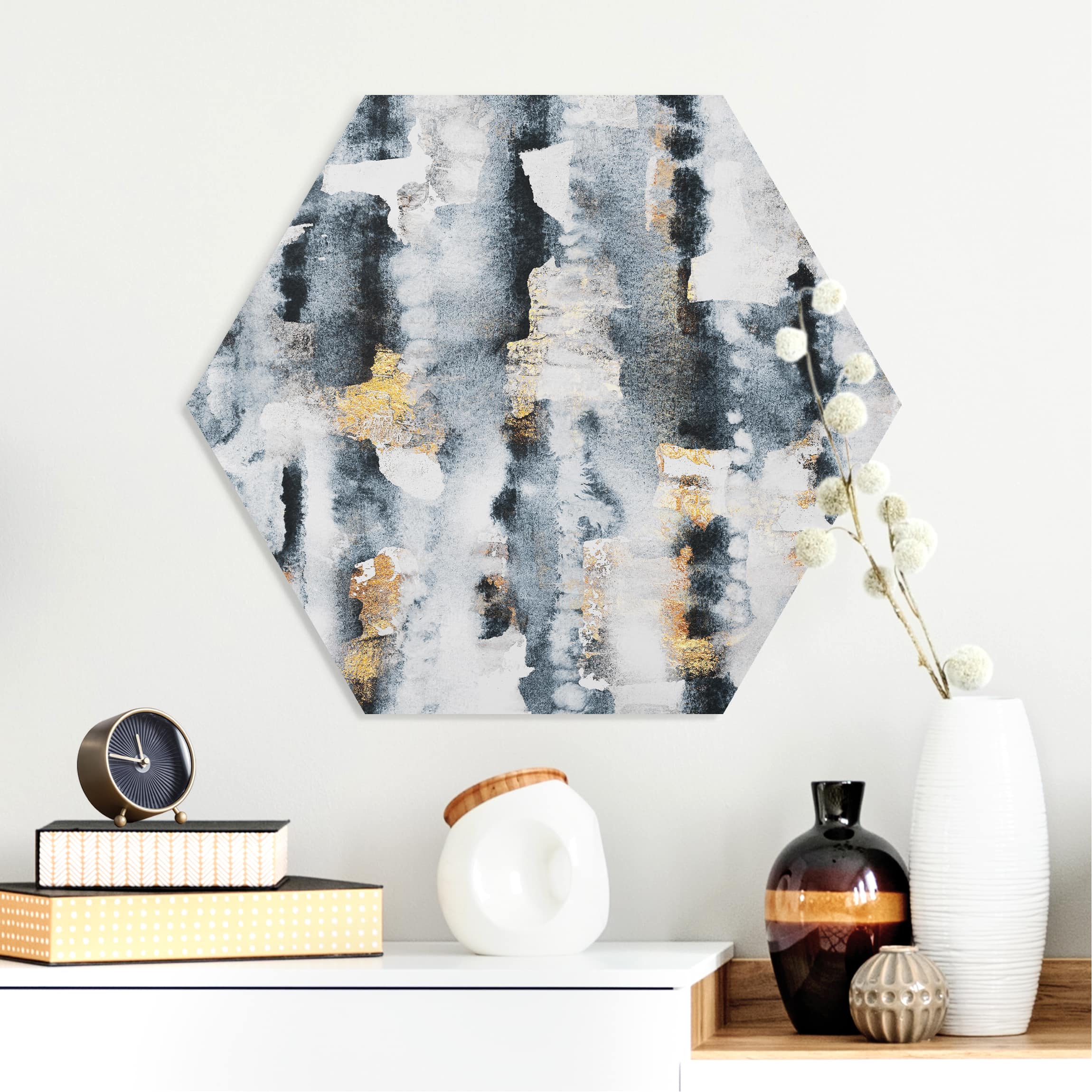 Hexagon-Forexbild Abstraktes Aquarell mit Gold