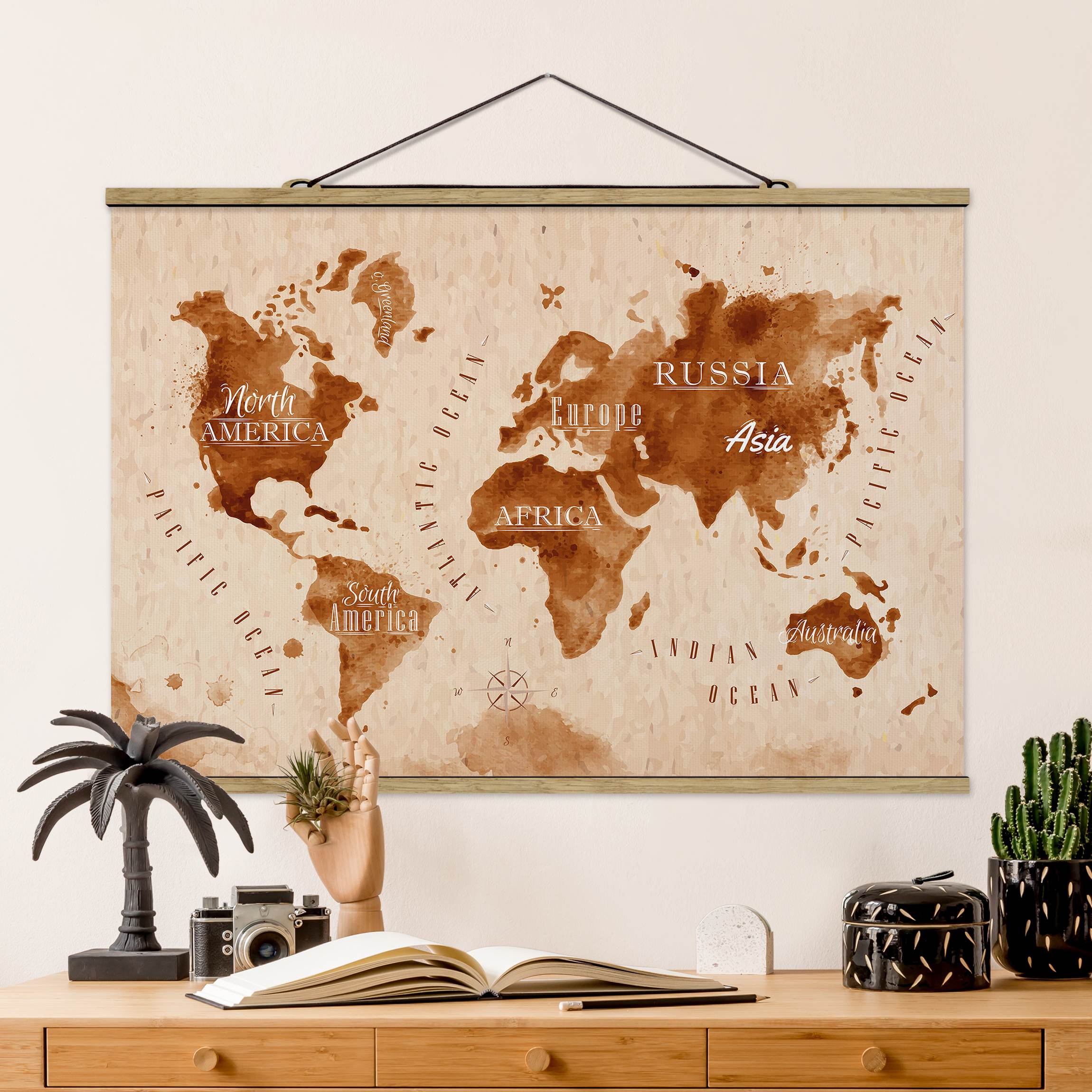 Stoffbild - Querformat Aquarelloptik Weltkarte beige braun