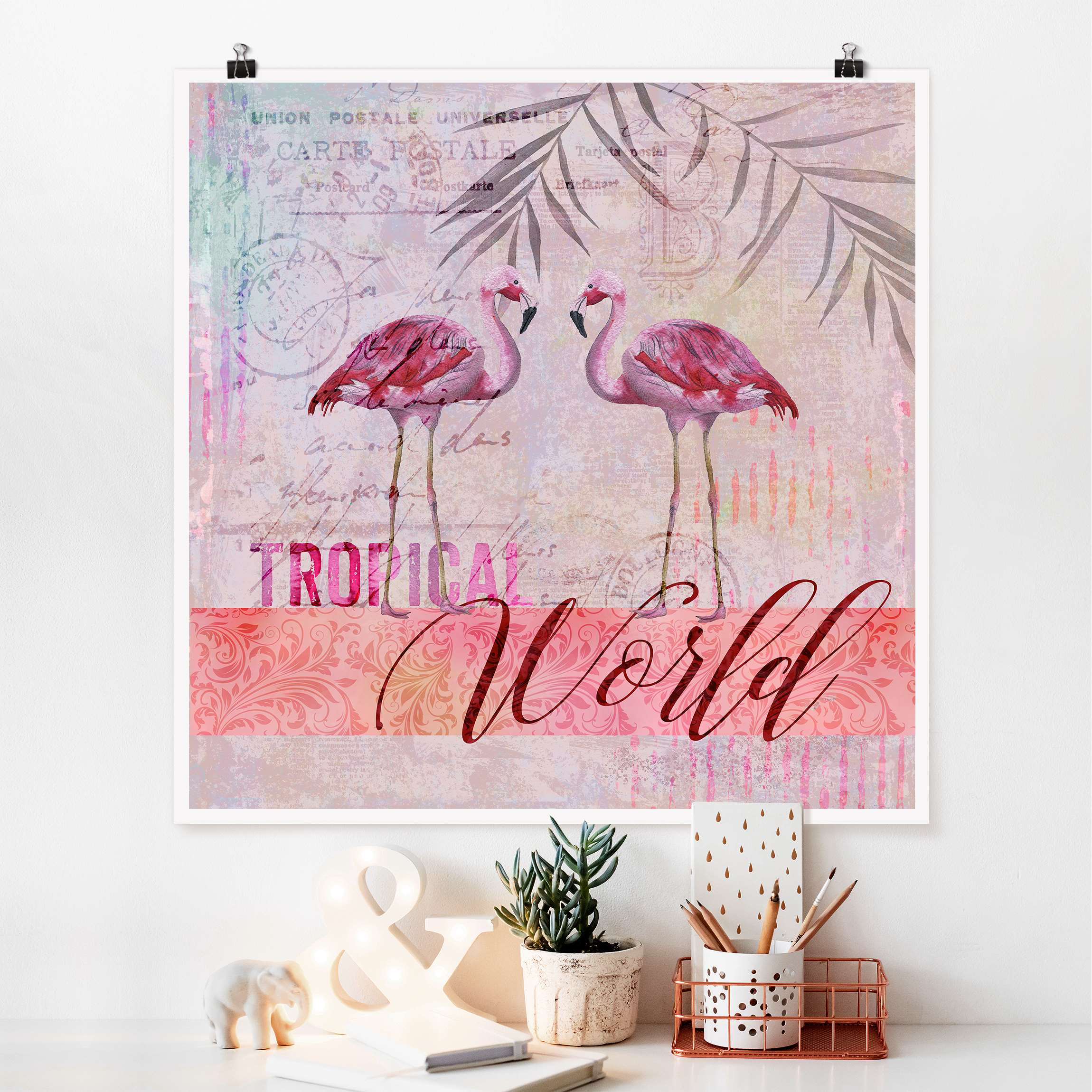 Poster Vintage Collage - Tropical World Flamingos