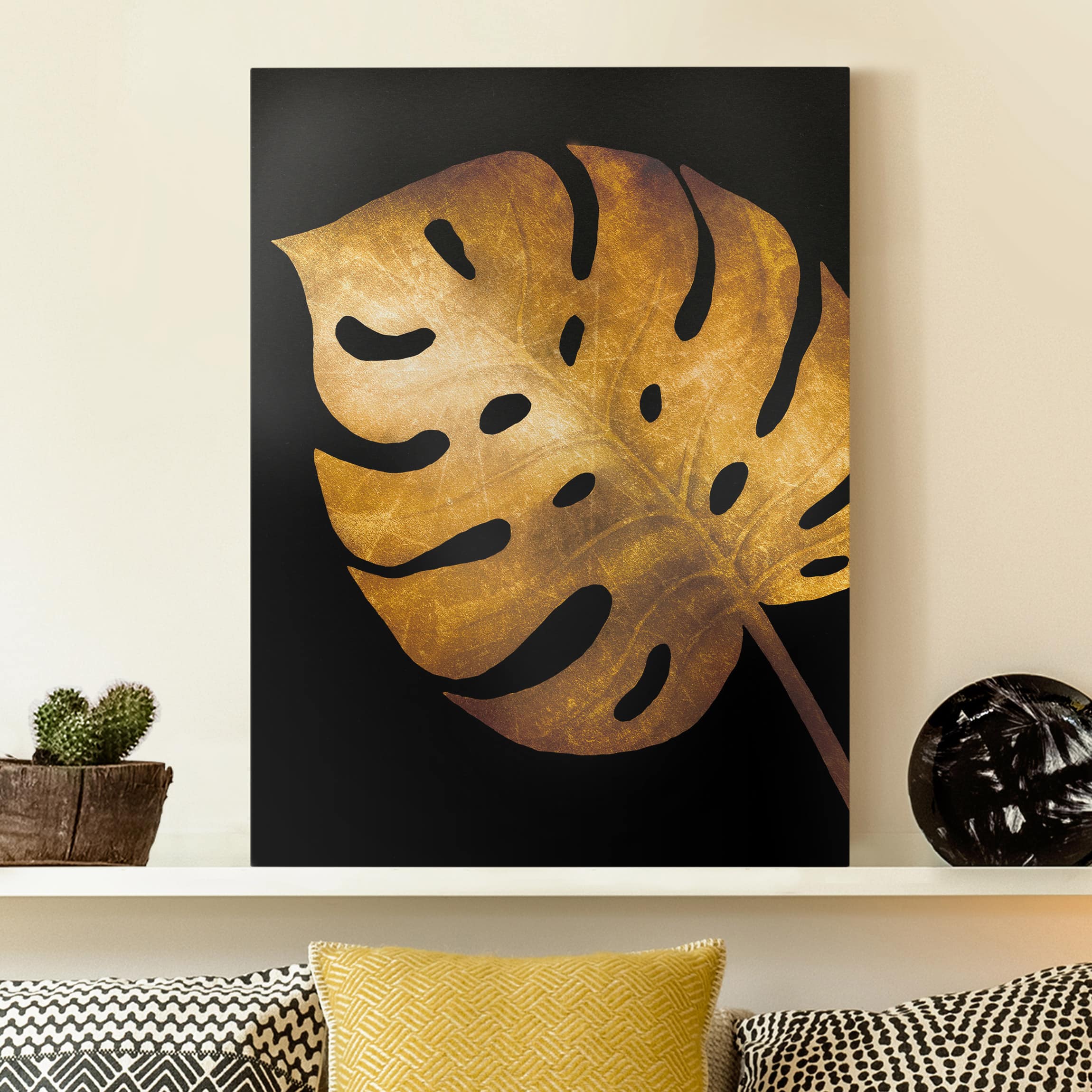 Leinwandbild Gold - Monstera auf Schwarz