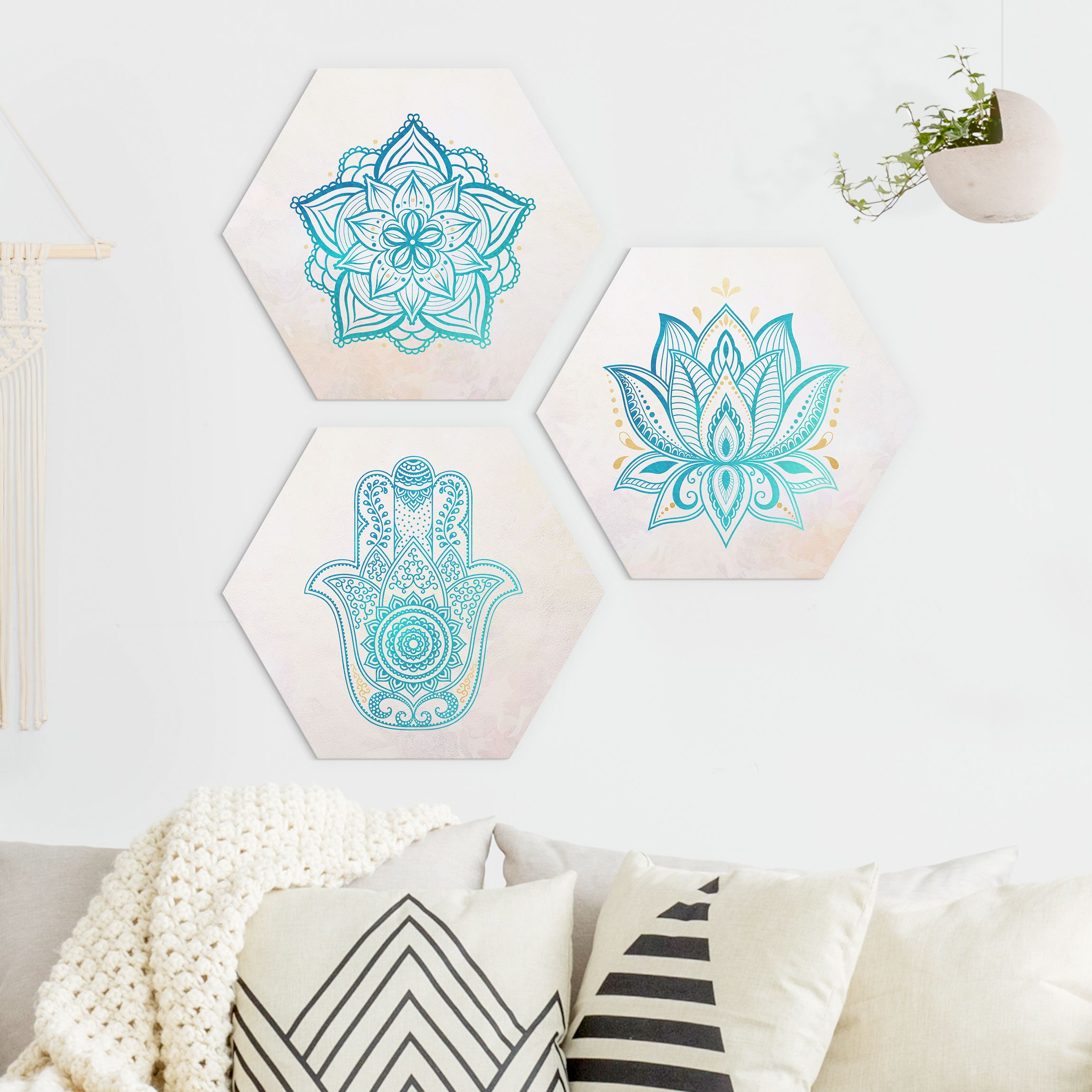3-teiliges Hexagon-Forexbild Mandala Hamsa Hand Lotus Set Gold Blau