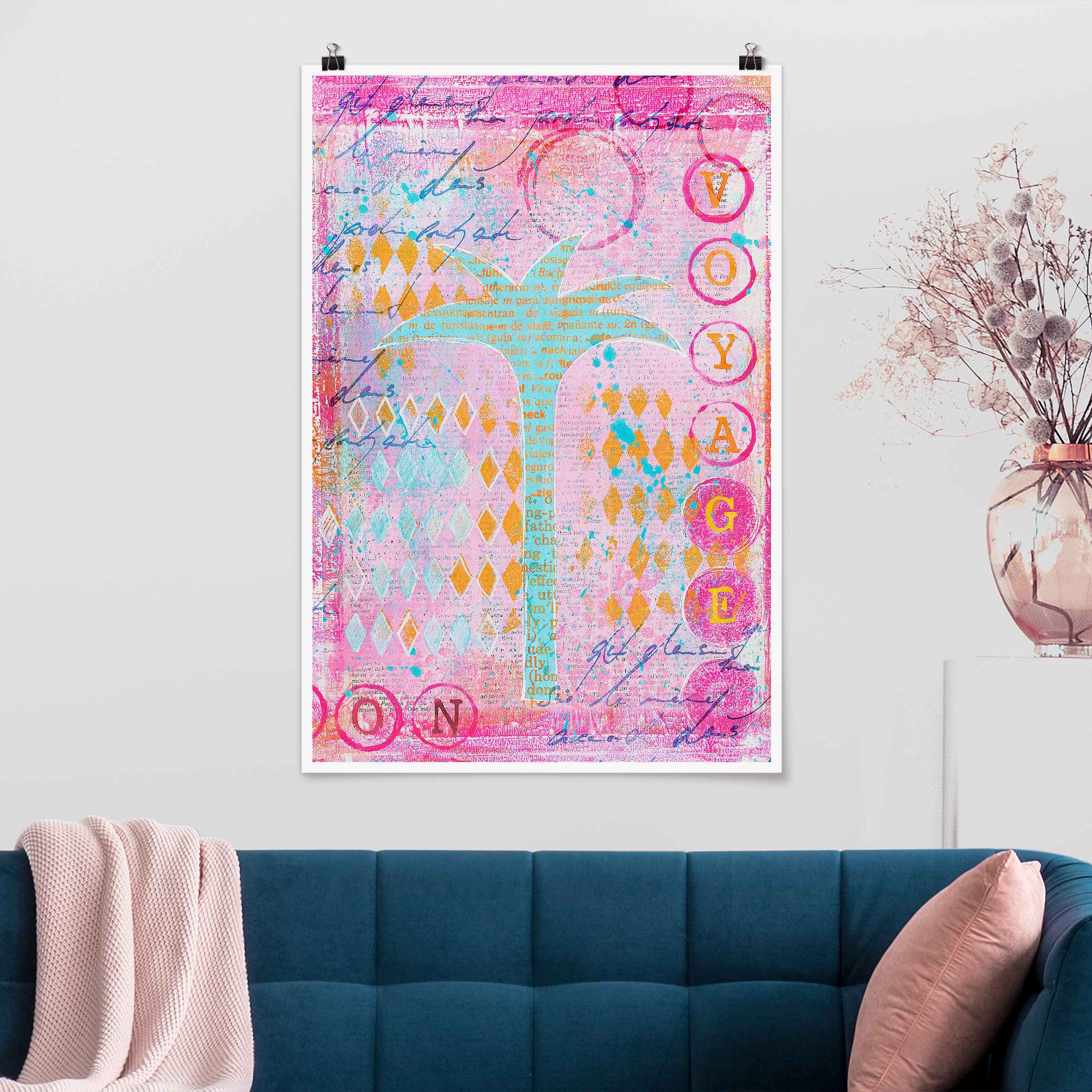 Poster Bunte Collage - Bon Voyage mit Palme