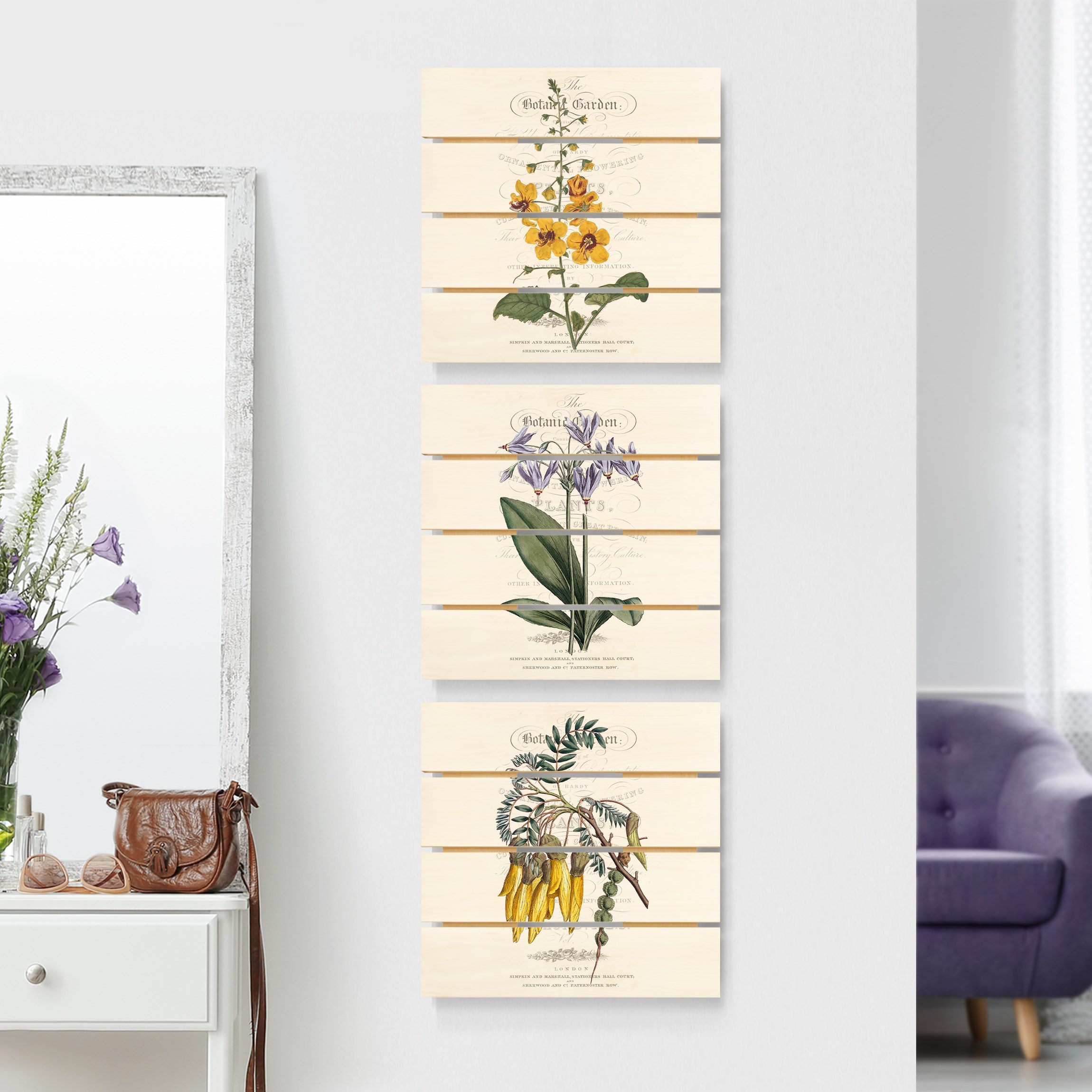 3-teiliges Holzbild Plankenoptik - Quadrat Botanisches Tableau Set I