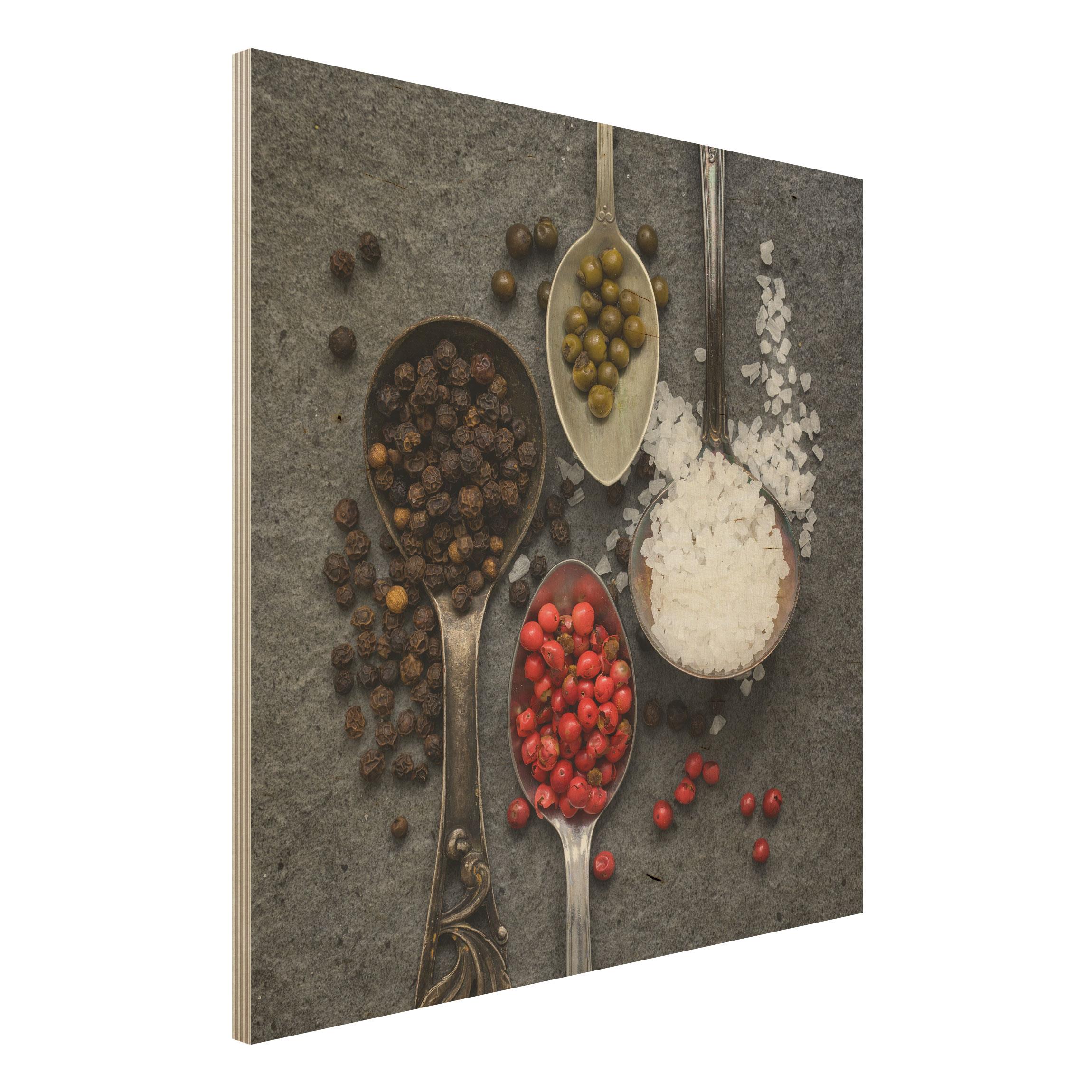 Holzbild Gewürze in Antiklöffeln