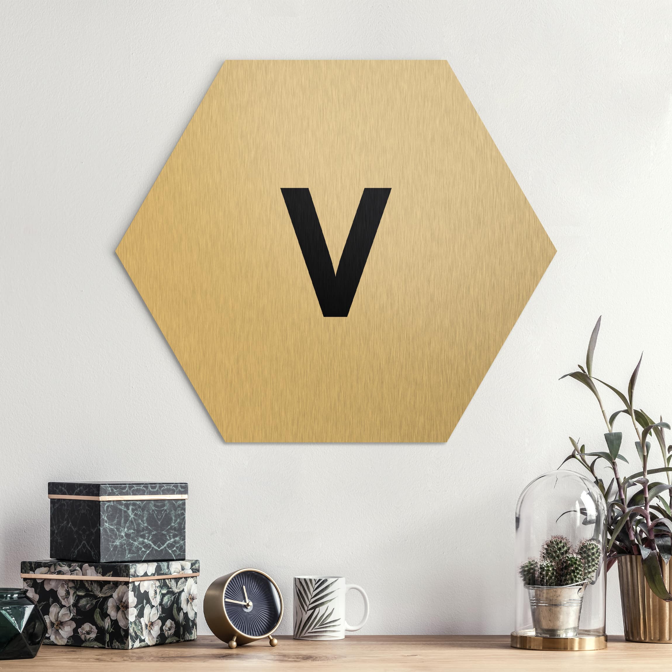 Hexagon-Alu-Dibond Bild Buchstabe Weiß V