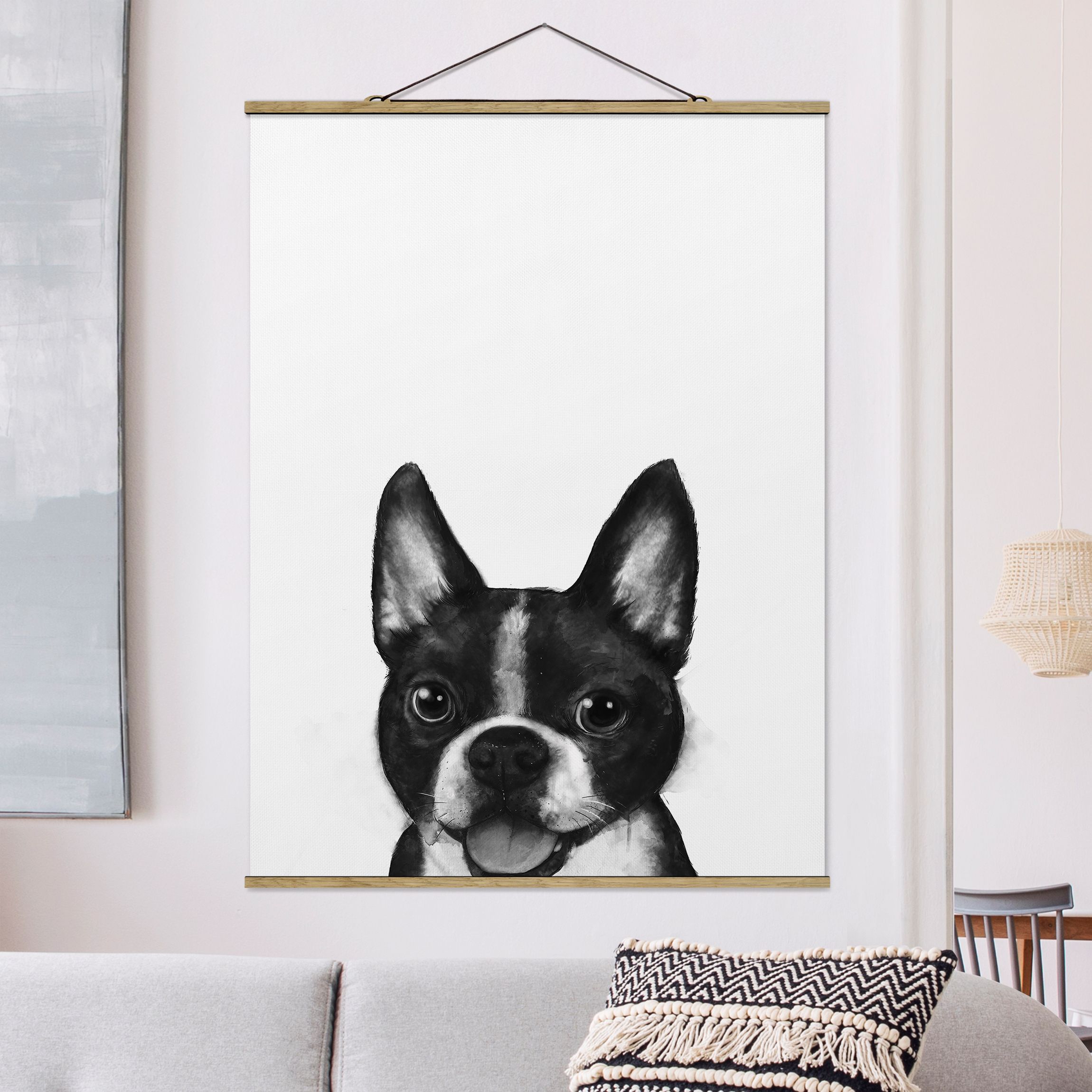 Stoffbild - Hochformat Illustration Hund Boston Schwarz Weiß Malerei
