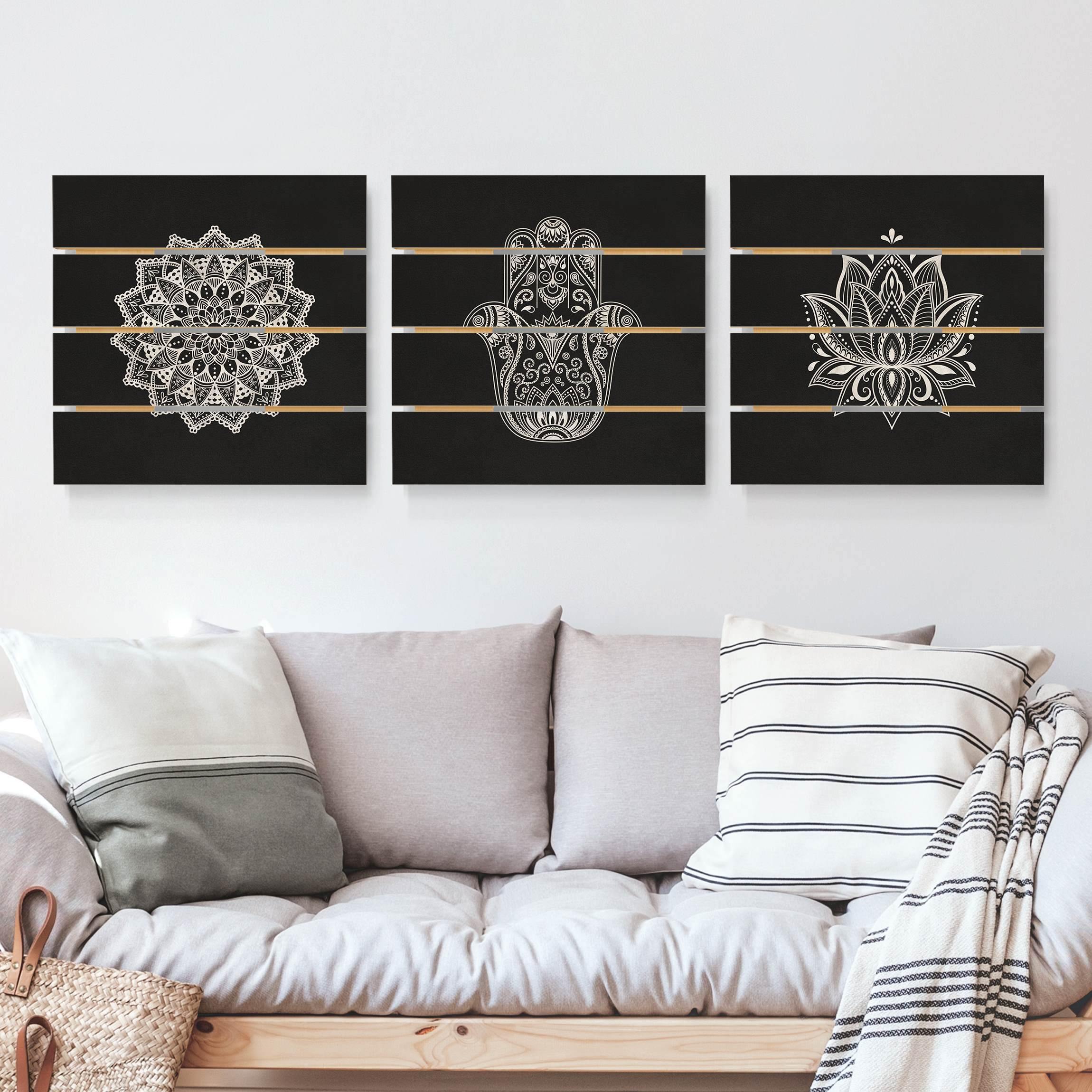 3-teiliges Holzbild Plankenoptik - Quadrat Mandala Hamsa Hand Lotus Set auf Schwarz