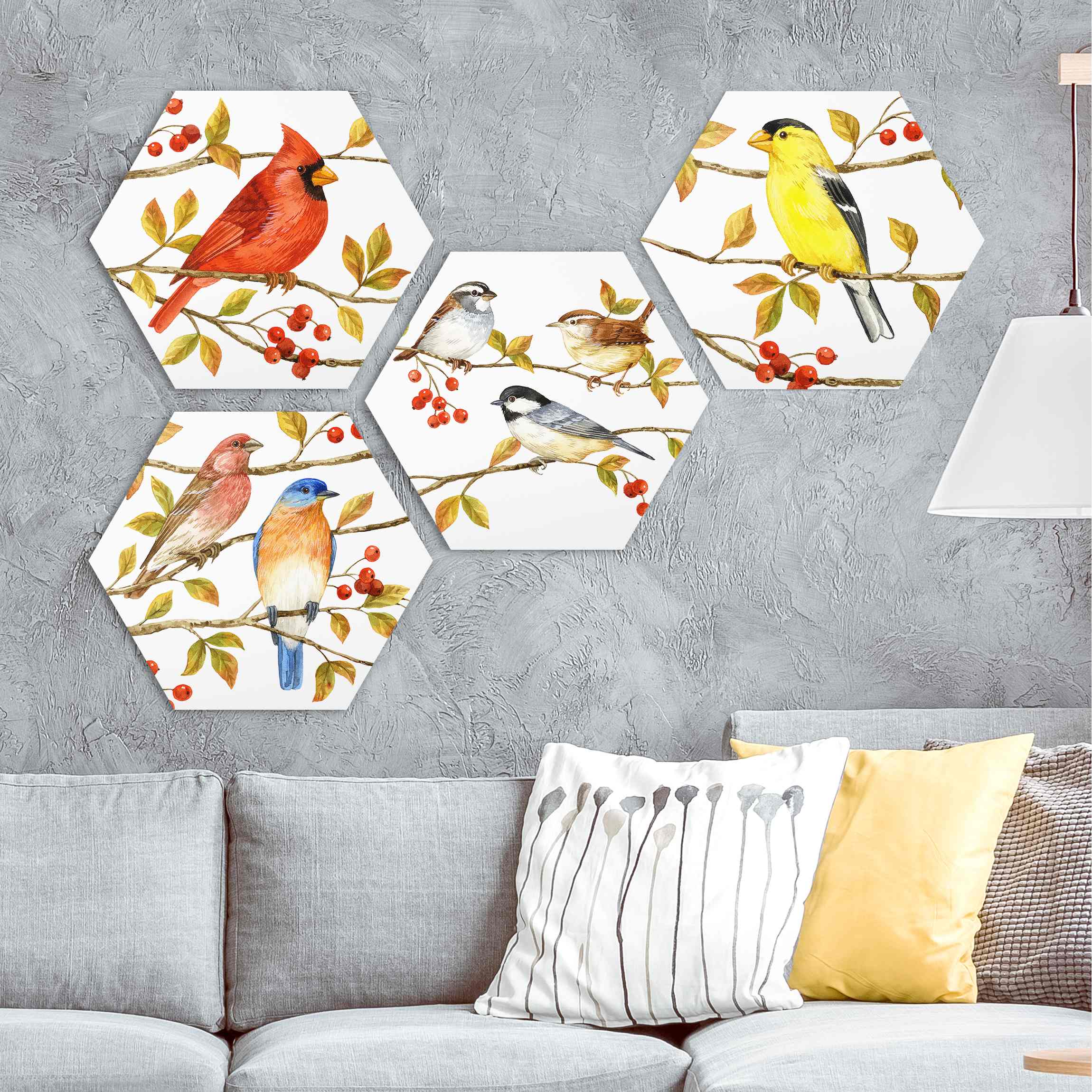 4-teiliges Hexagon-Alu-Dibond Bild Vögel und Beeren Set II