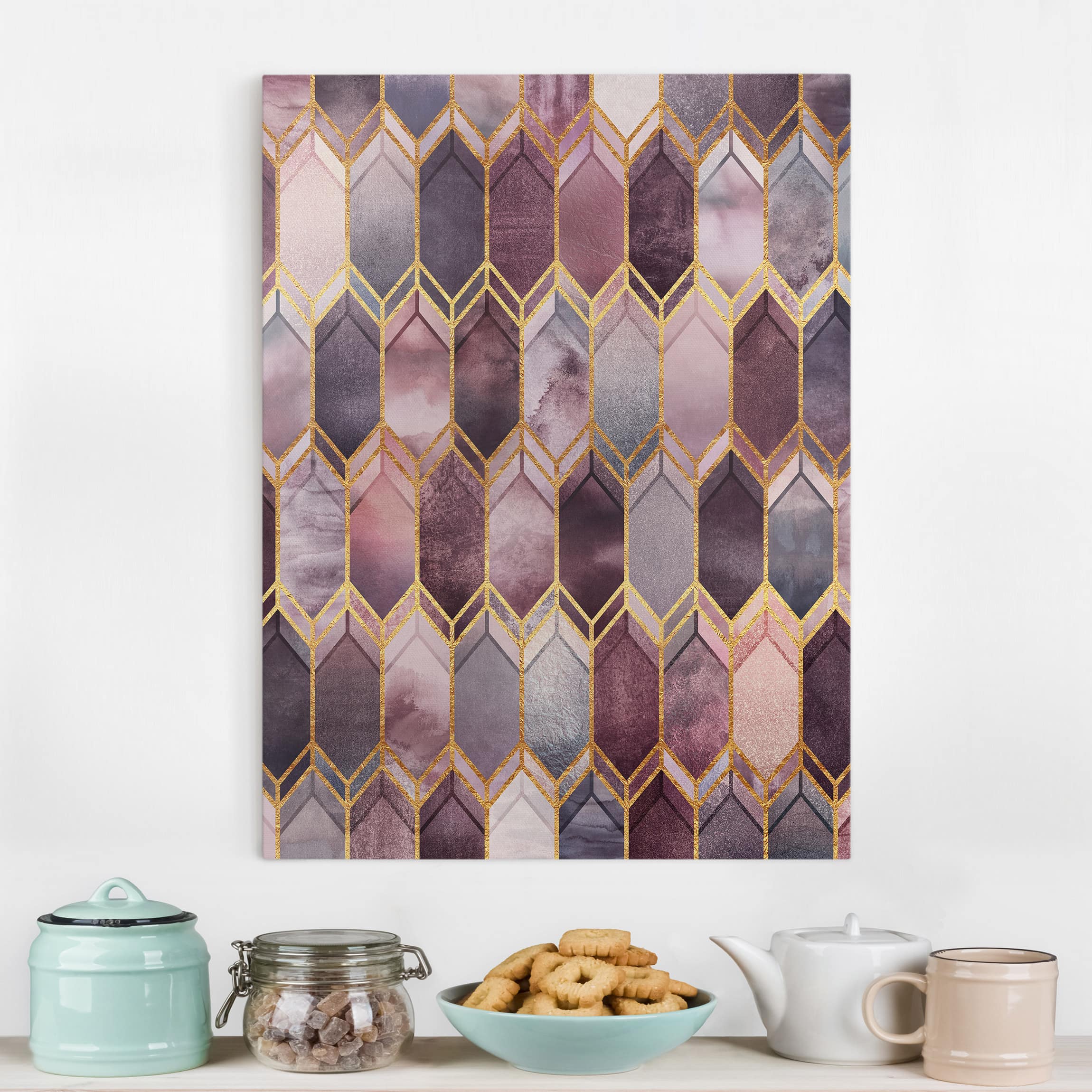 Leinwandbild - Hochformat Glasmalerei geometrisch Rosé Gold