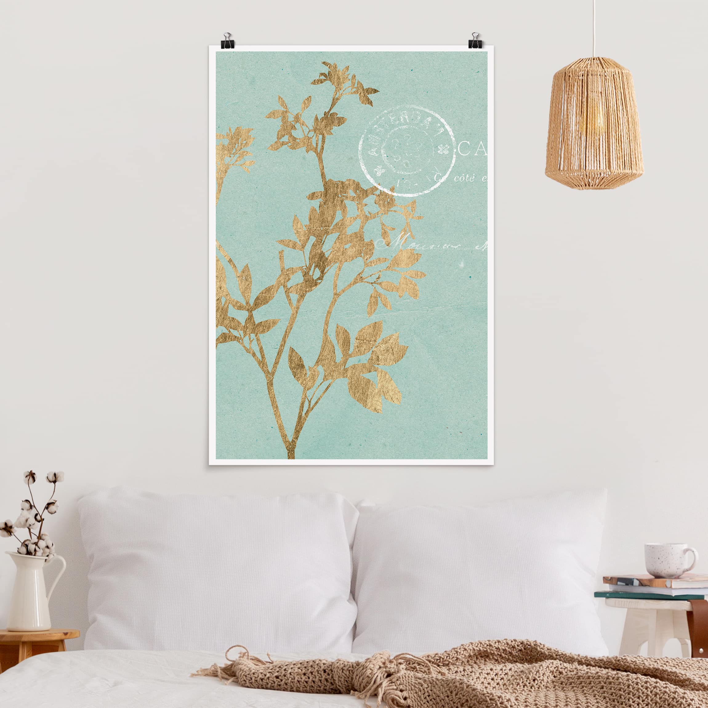 Poster - Hochformat Goldene Blätter auf Turquoise I
