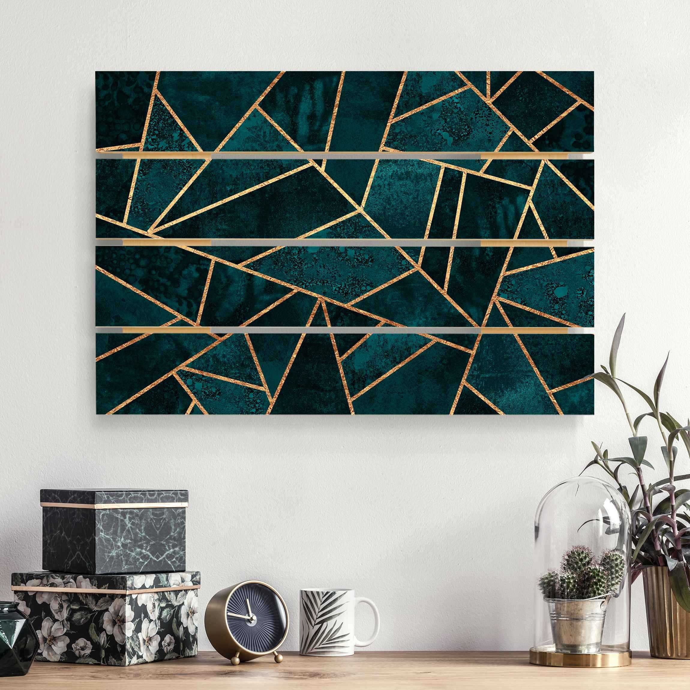 Holzbild Plankenoptik - Querformat Dunkles Türkis mit Gold