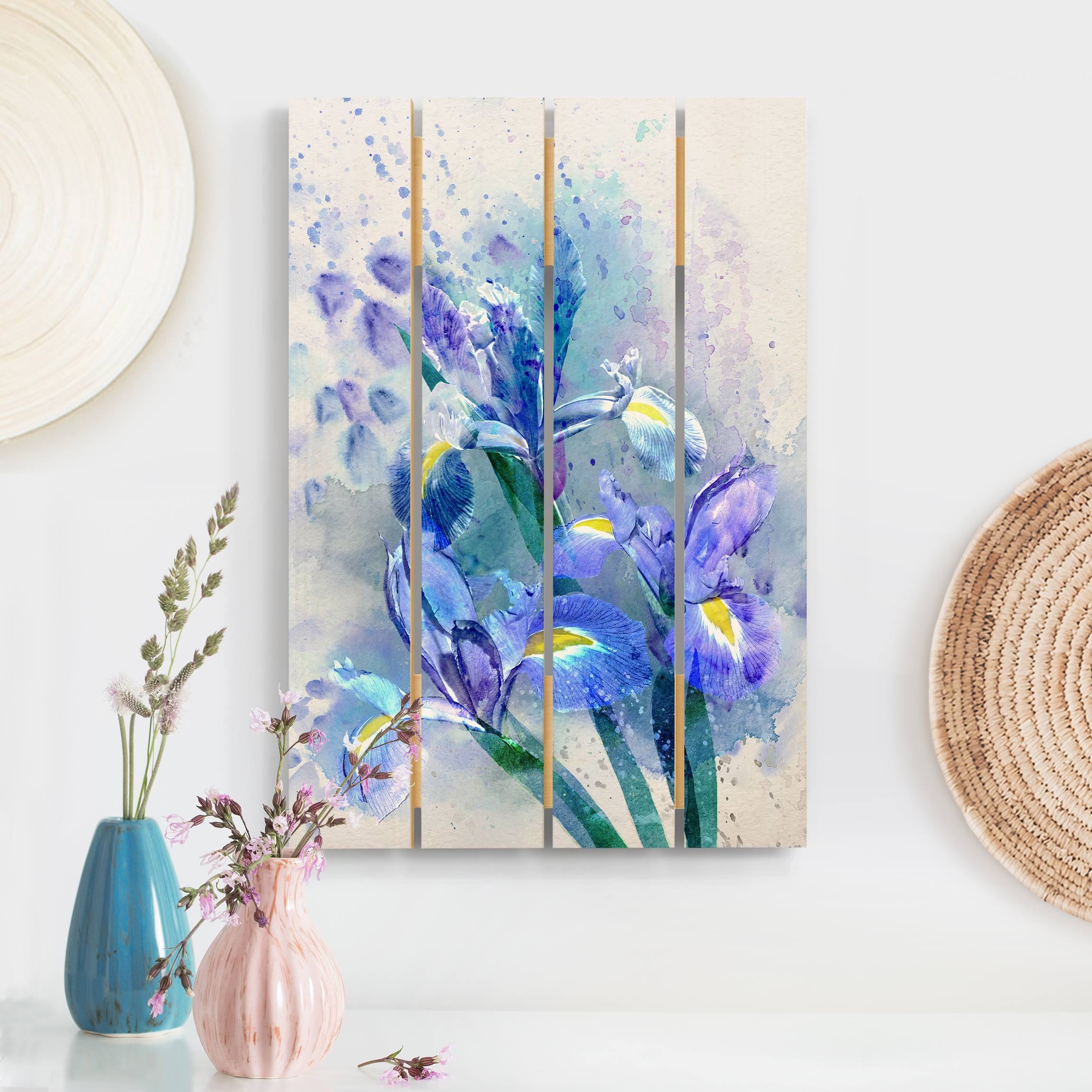 Holzbild Plankenoptik Aquarell Blumen Iris