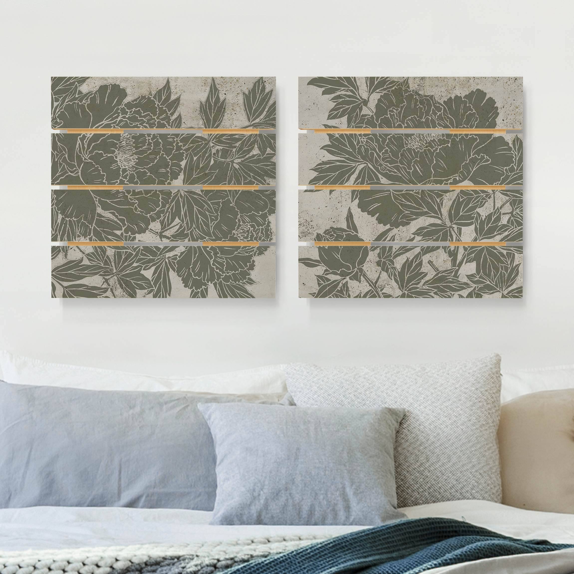 2-teiliges Holzbild Plankenoptik - Quadrat Blühende Pfingstrosen Set I