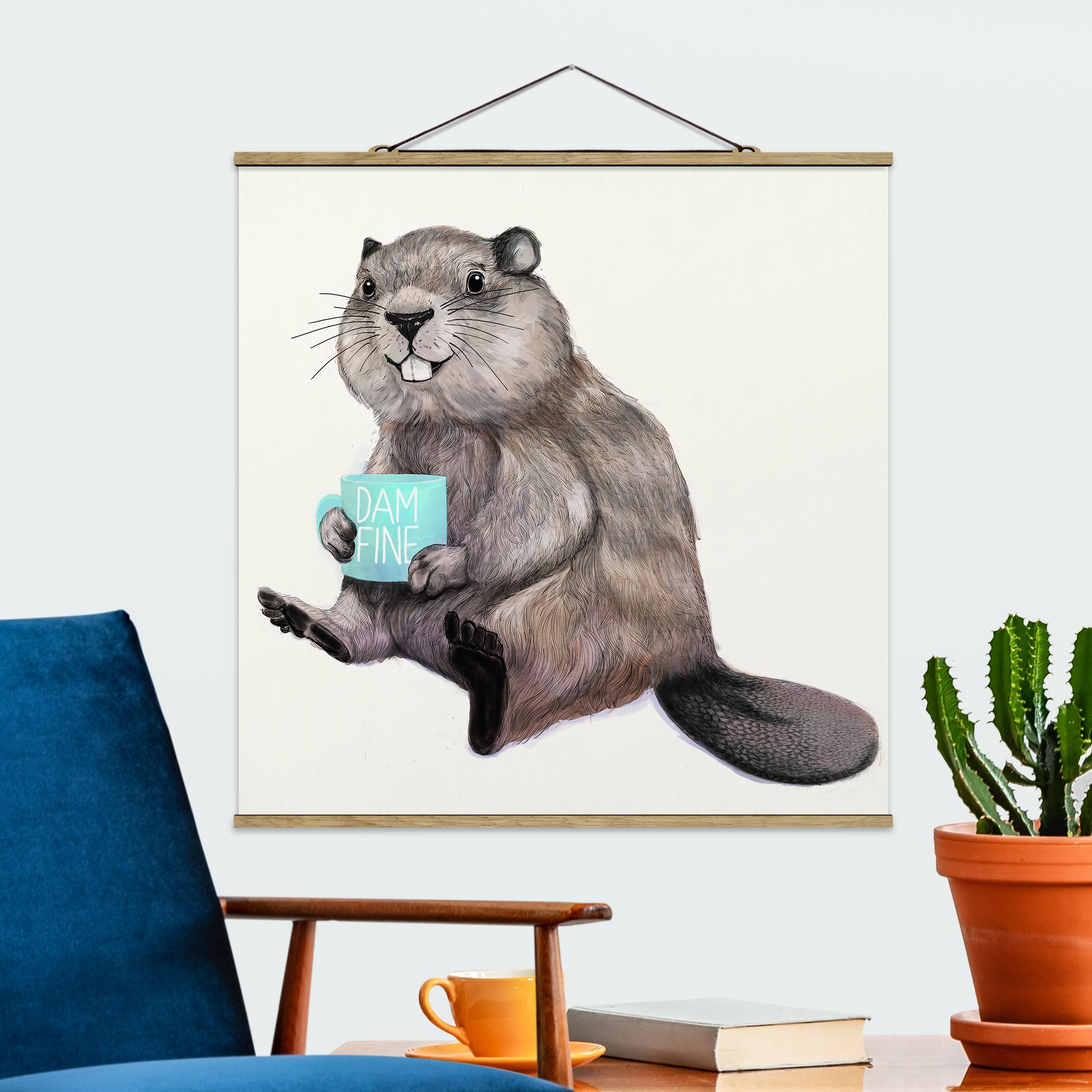 Stoffbild mit Posterleisten Illustration Biber mit Kaffeetasse