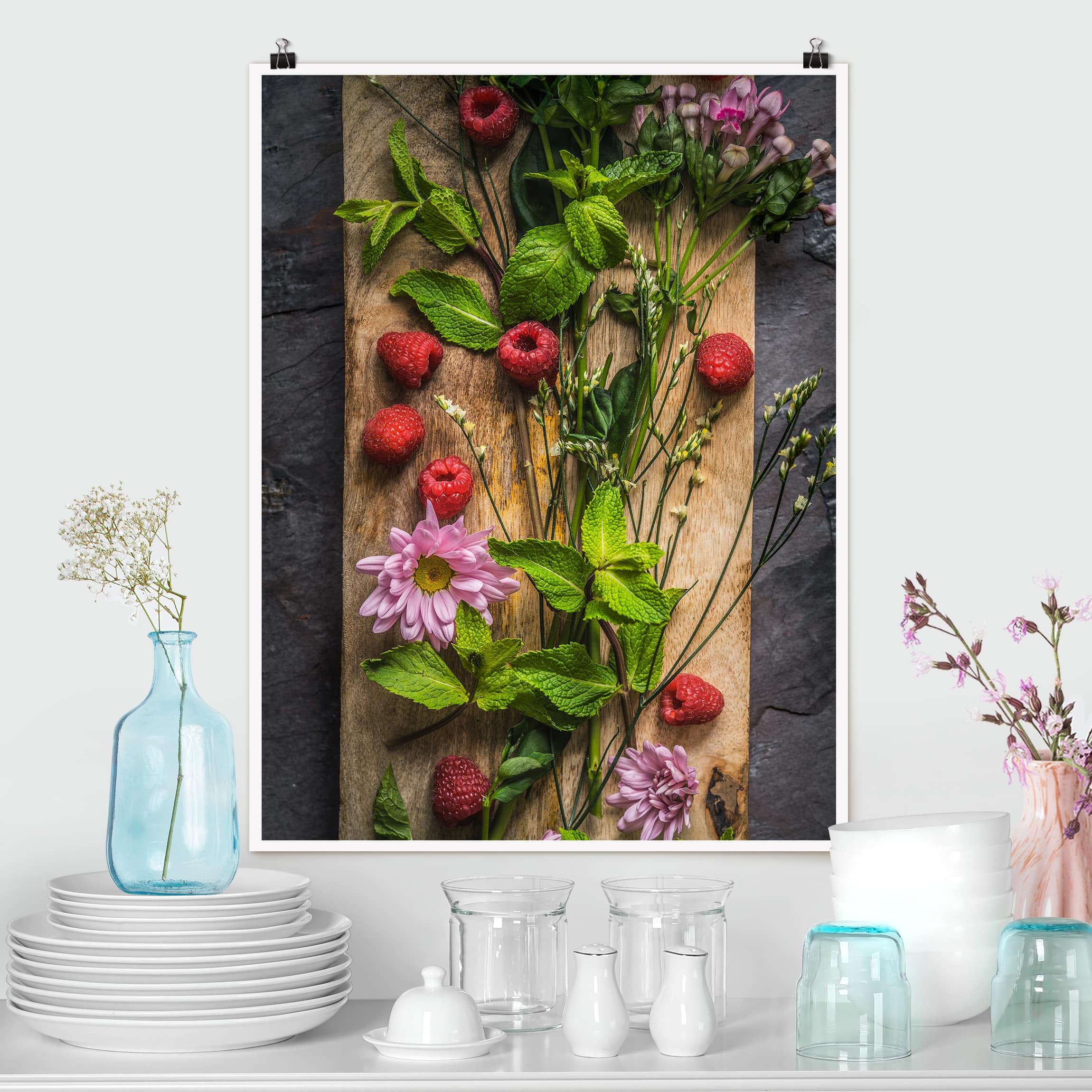 Poster - Hochformat Blumen Himbeeren Minze