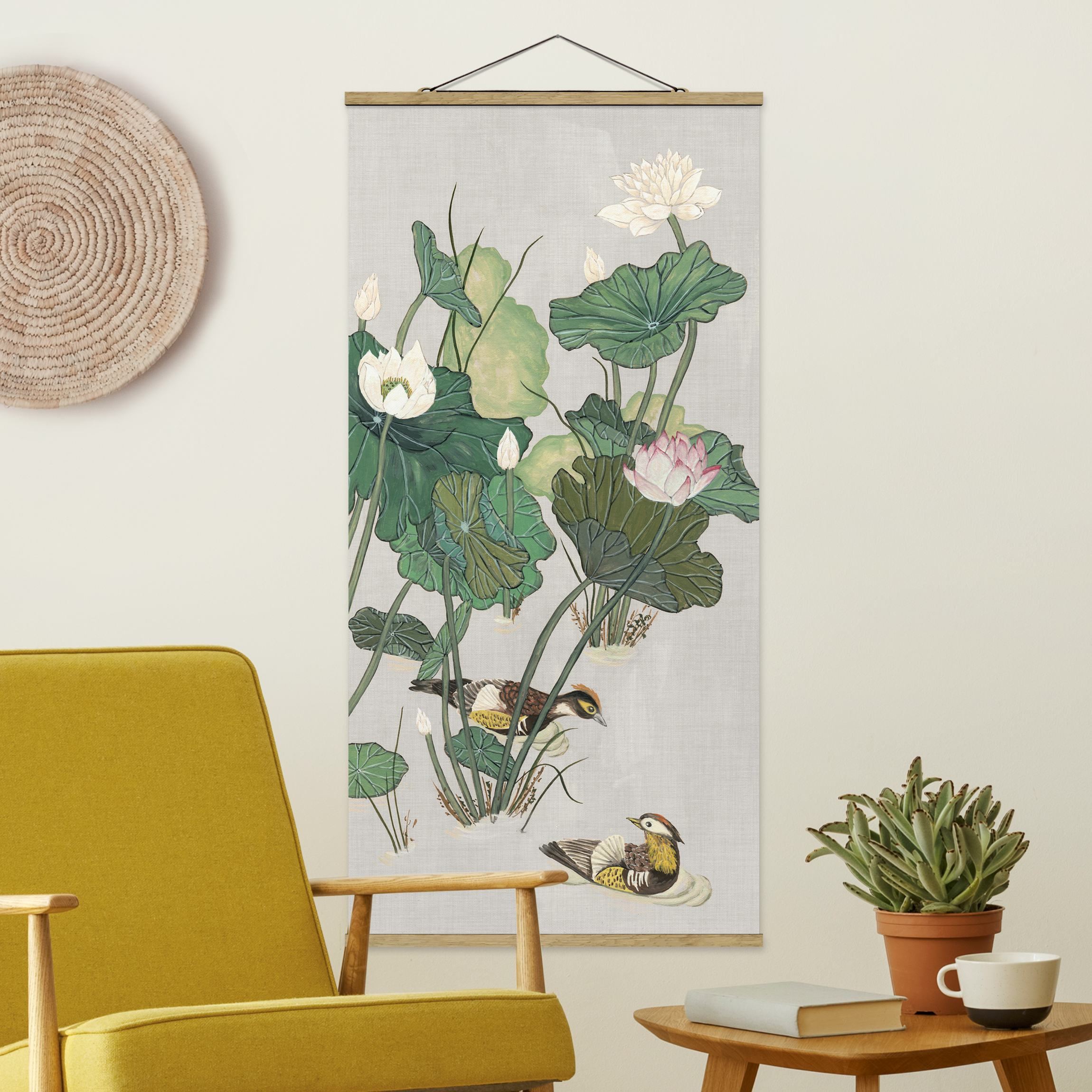 Stoffbild mit Posterleisten Vintage Illustration Lotusblüten im Teich
