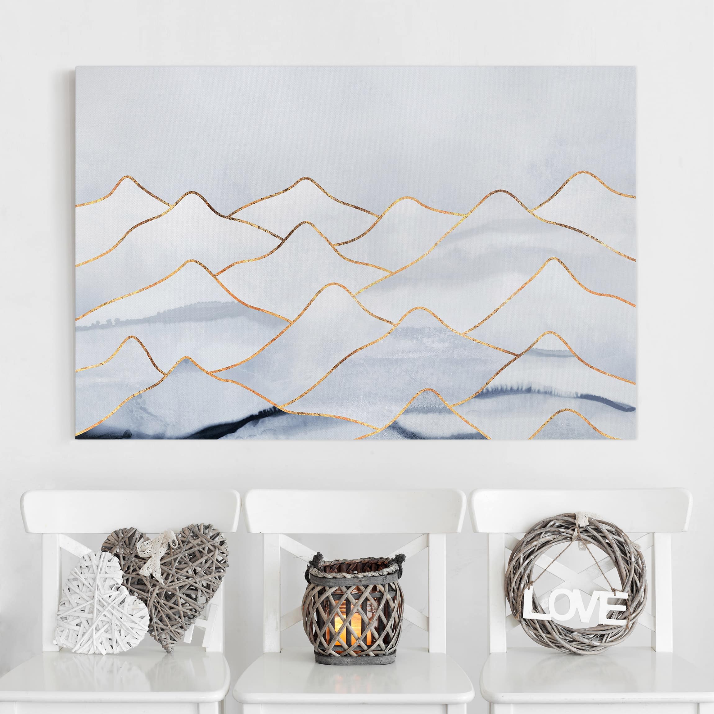 Leinwandbild - Querformat Aquarell Berge Weiß Gold