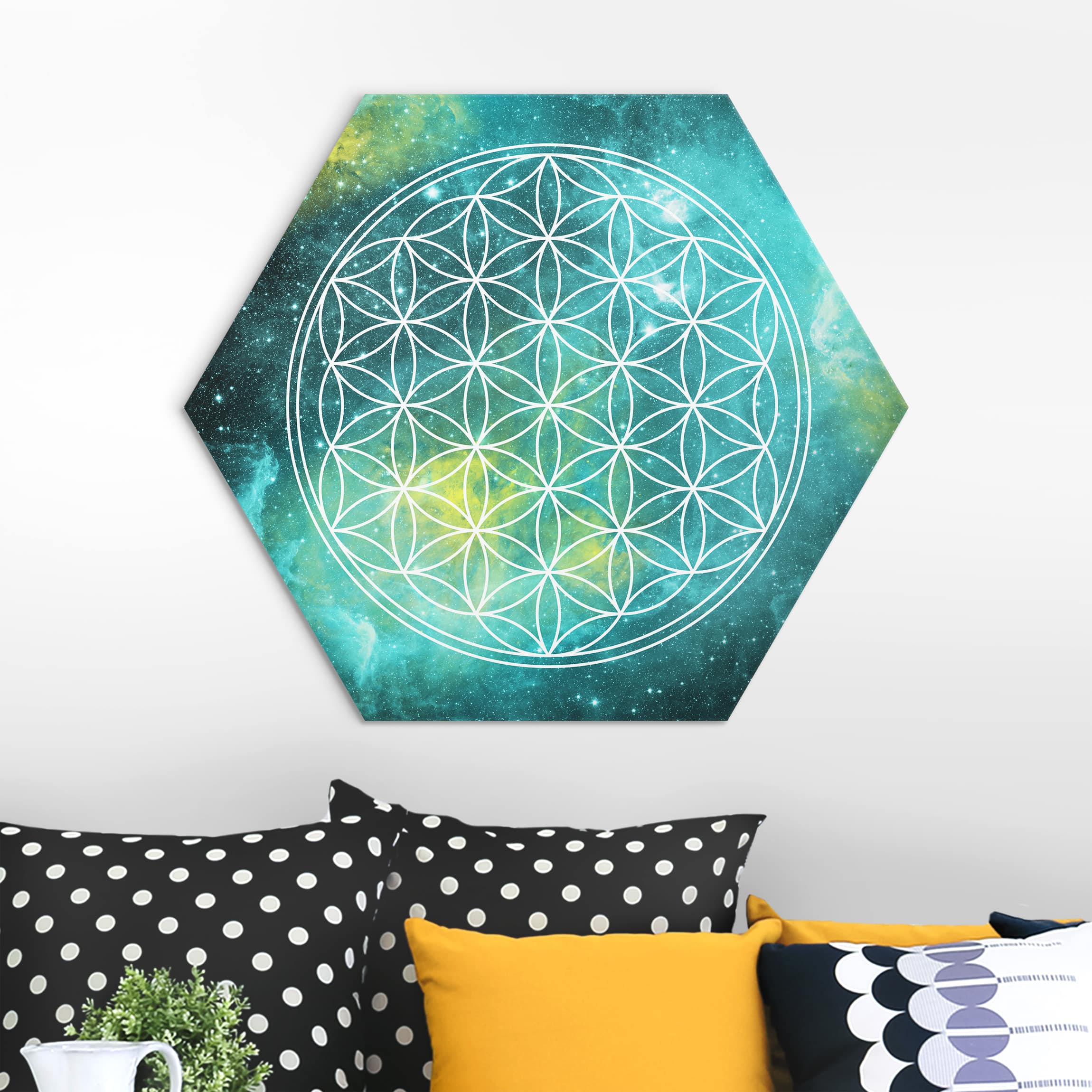 Hexagon-Alu-Dibond Bild Blume des Lebens im Licht der Sterne