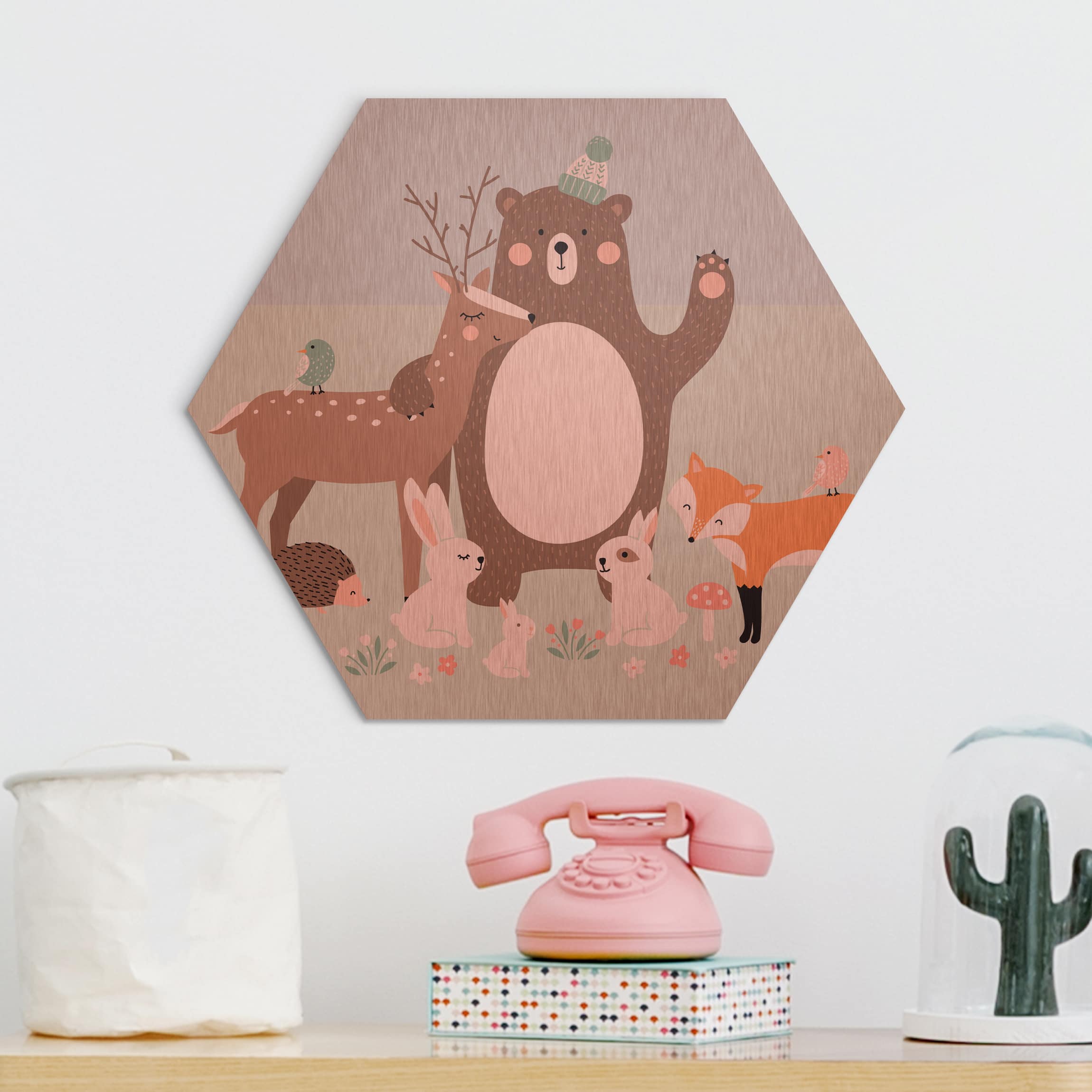 Hexagon-Alu-Dibond Bild Forest Friends mit Waldtieren blau