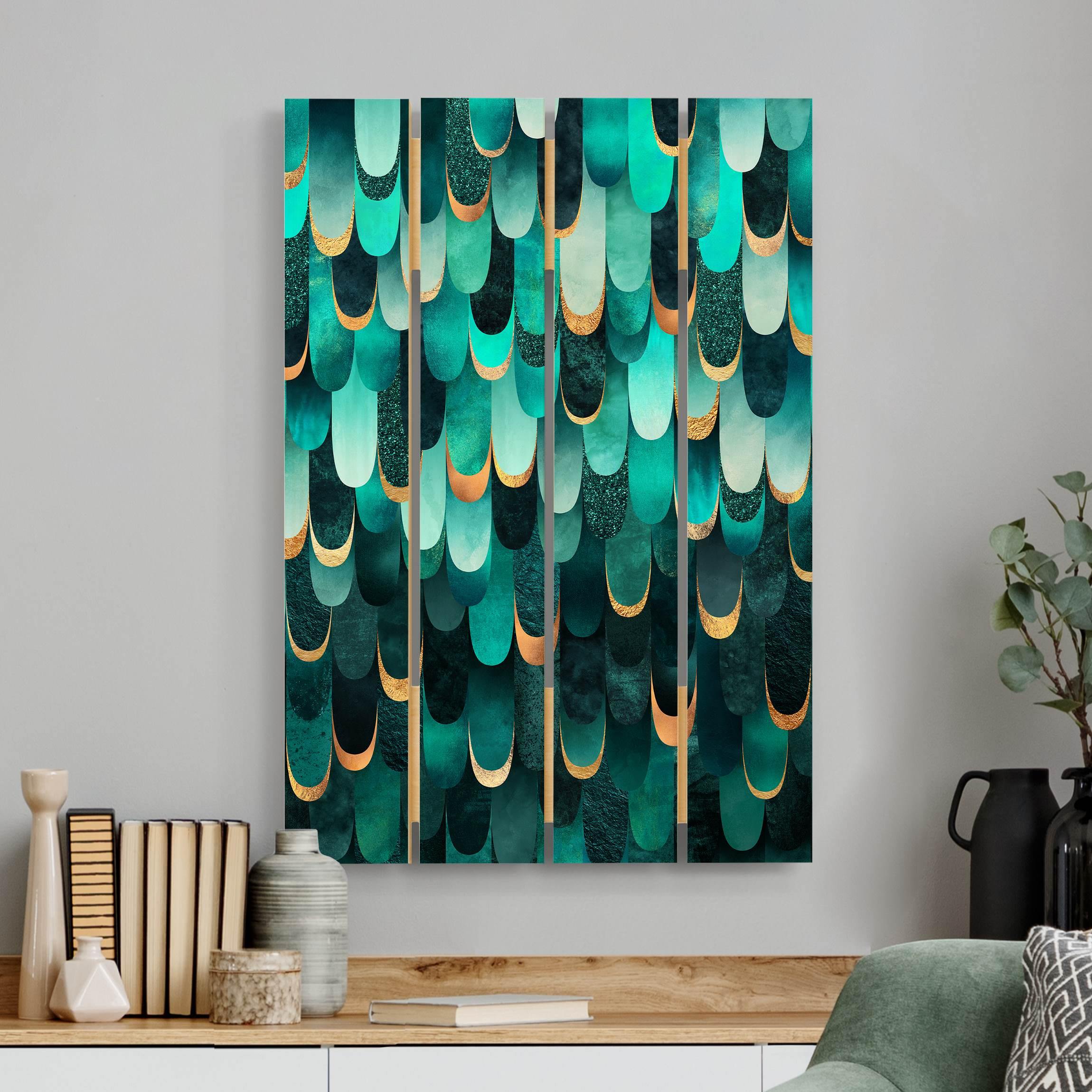 Holzbild Plankenoptik Federn Gold Türkis