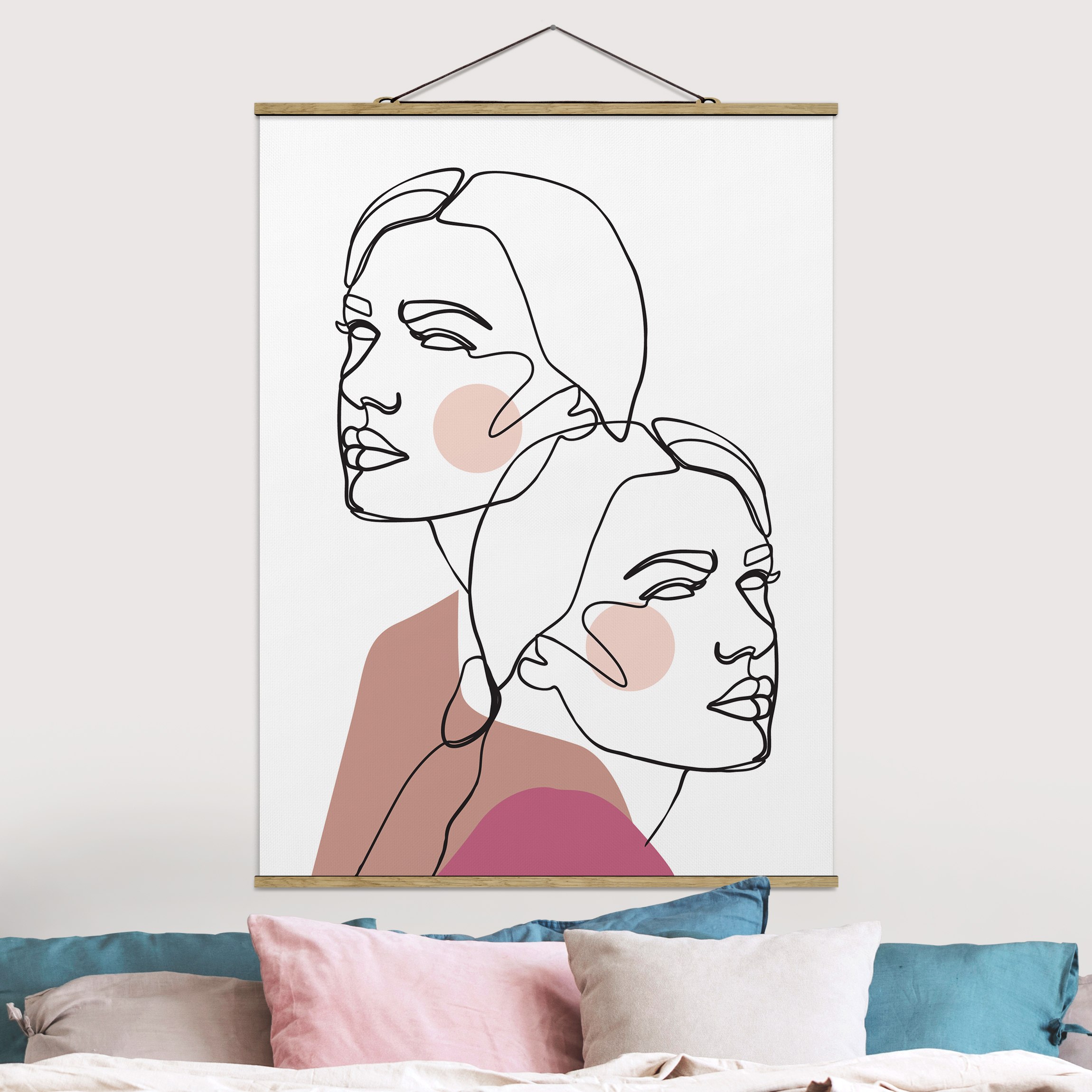 Stoffbild - Hochformat Line Art Frauen Portrait Wangen Rosa