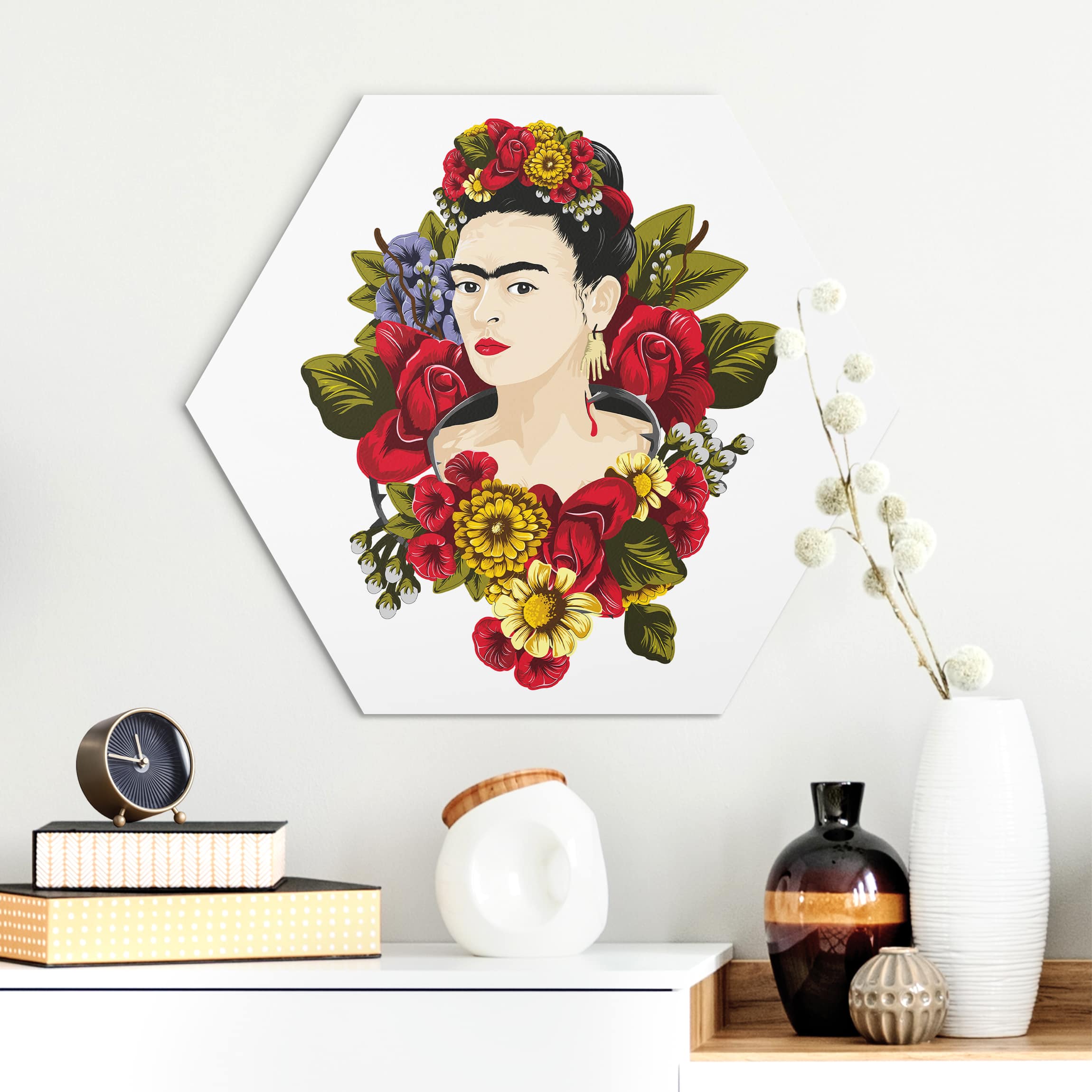 Hexagon-Alu-Dibond Bild Frida Kahlo - Rosen