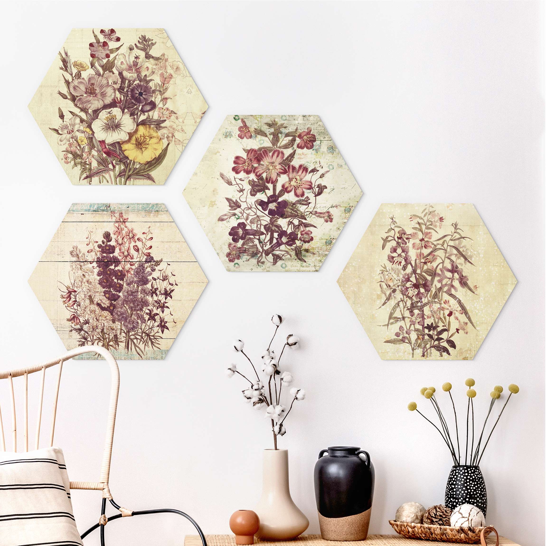 4-teiliges Hexagon-Forexbild Vintage Blumen Sammlung