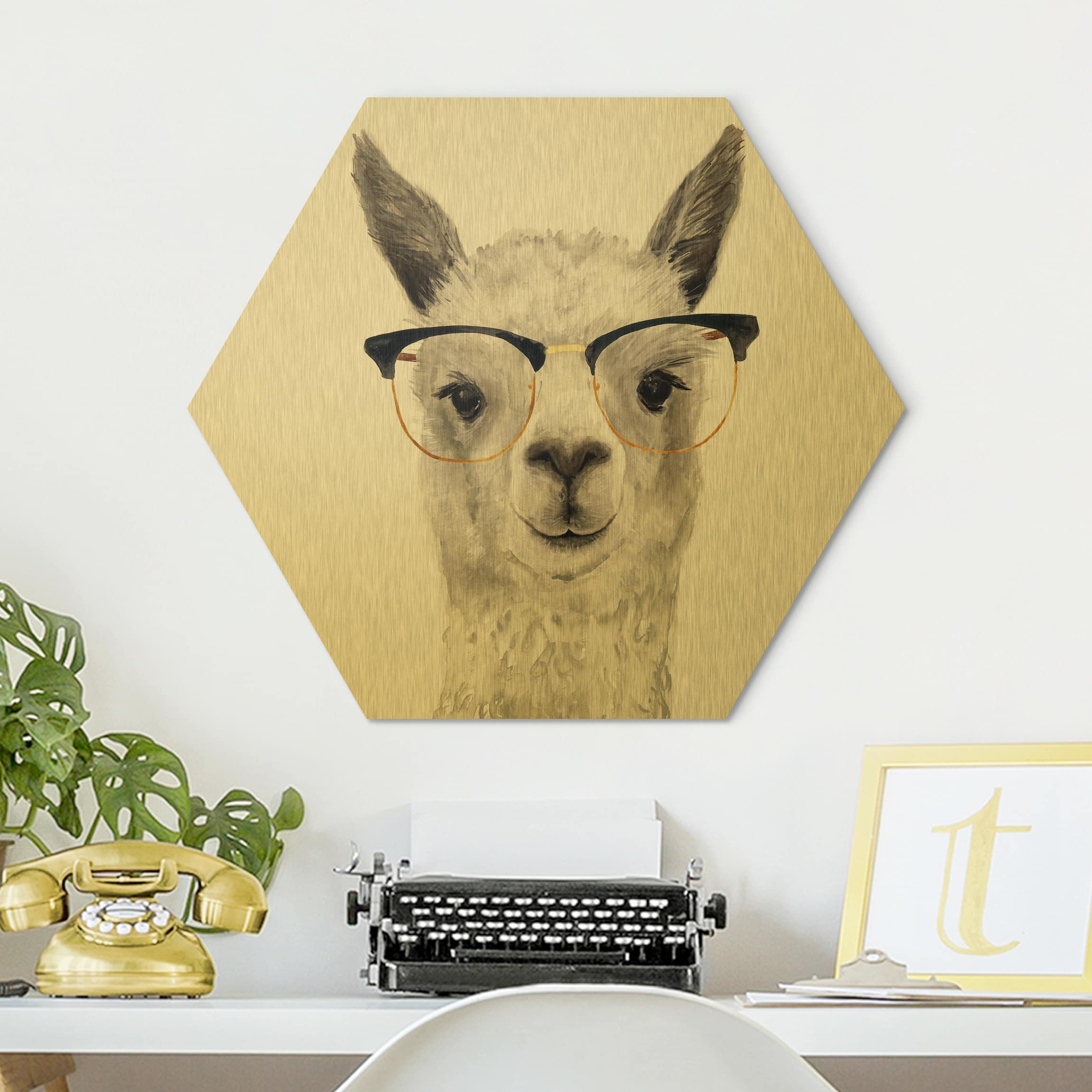 Hexagon-Alu-Dibond Bild Hippes Lama mit Brille I