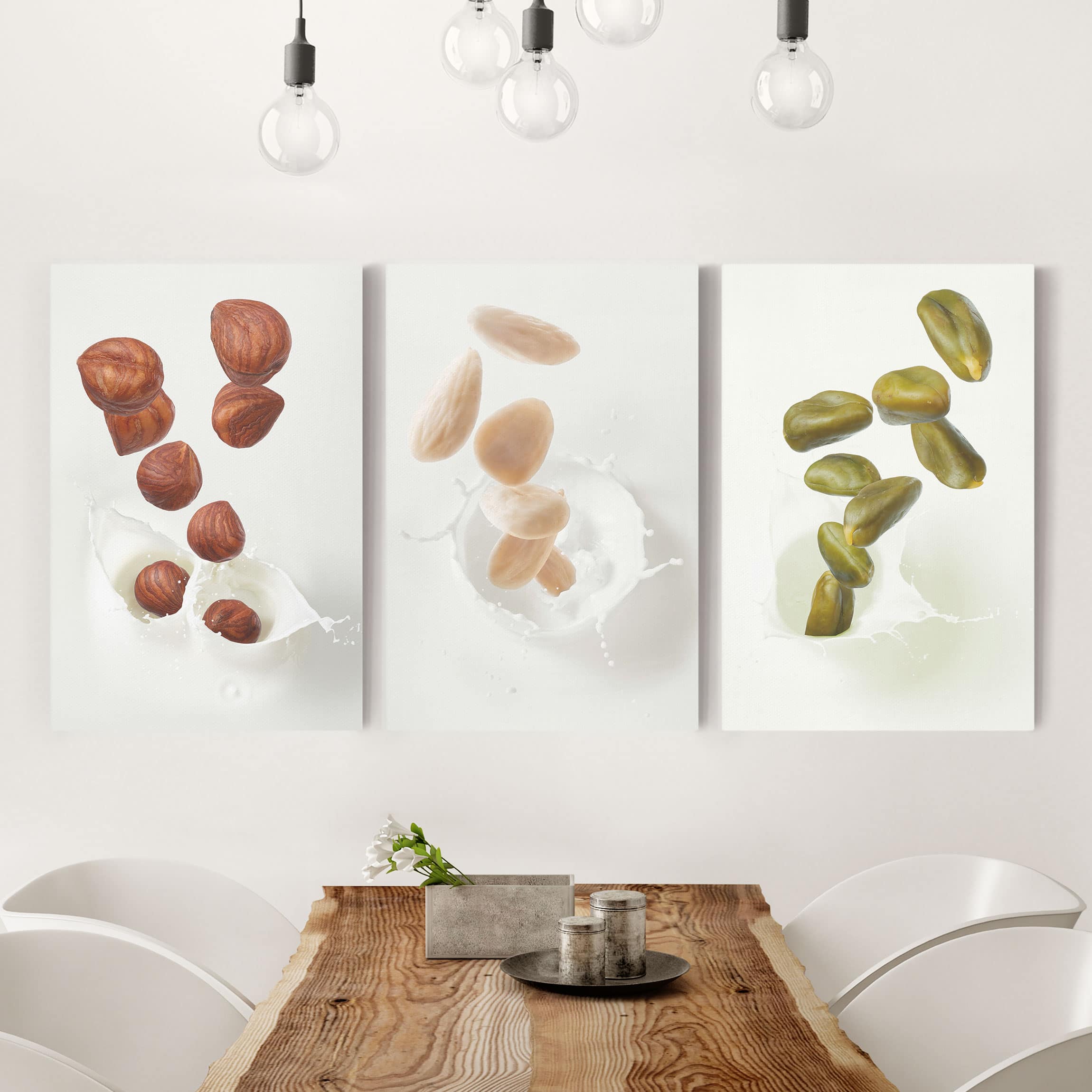 3-teiliges Leinwandbild Küche Nüsse im Milch Splash