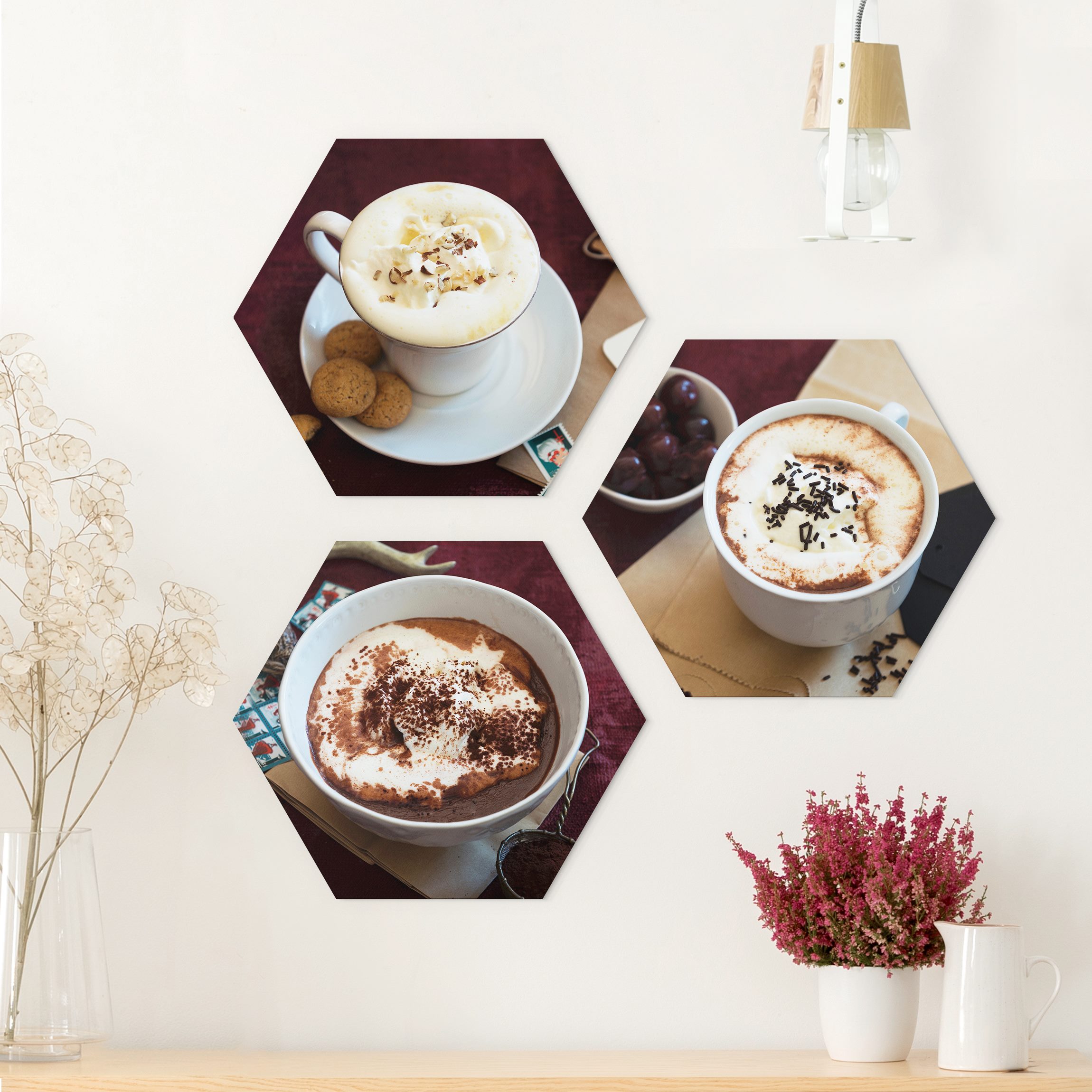 3-teiliges Hexagon-Alu-Dibond Bild Heiße Schokolade mit Sahne