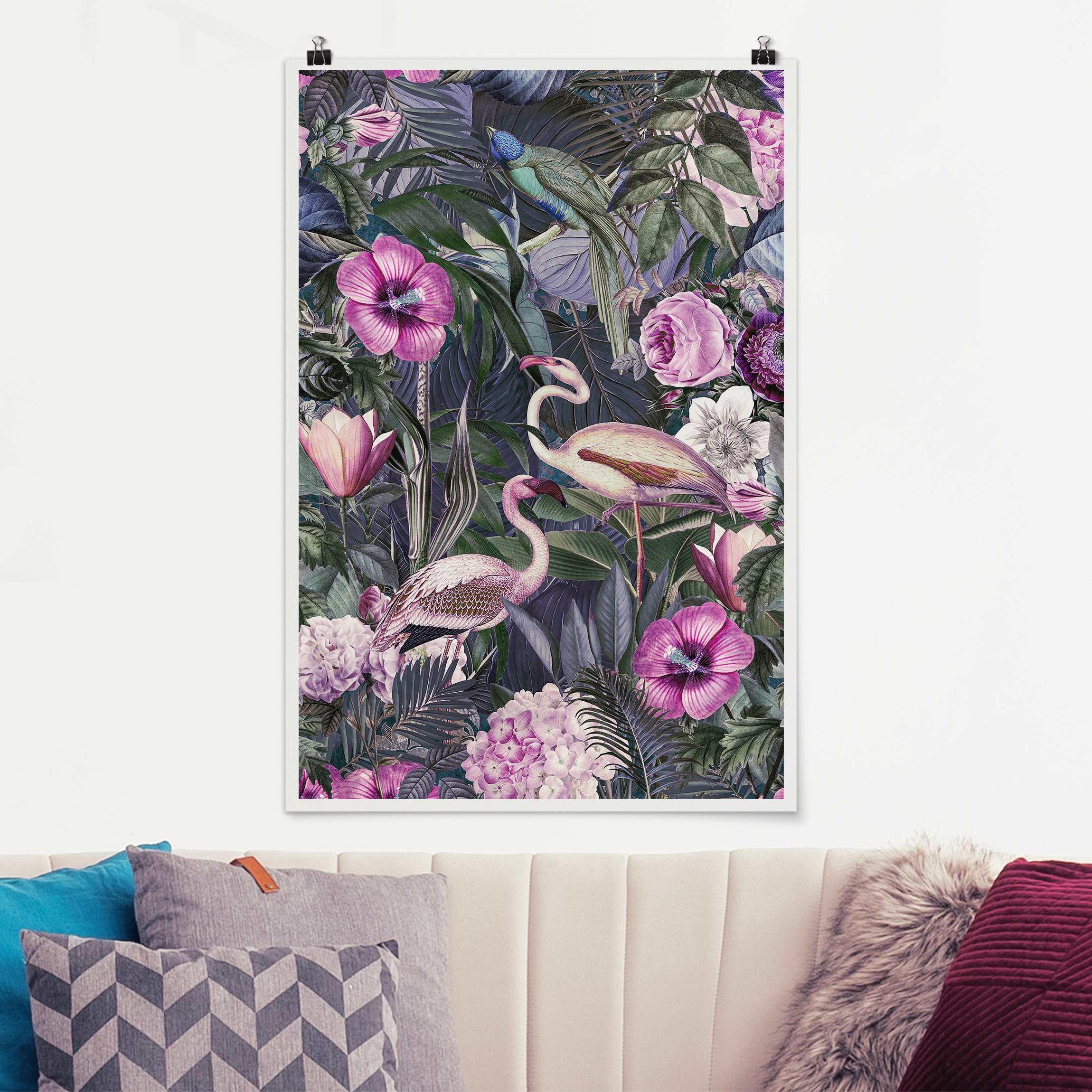 Poster Bunte Collage - Pinke Flamingos im Dschungel